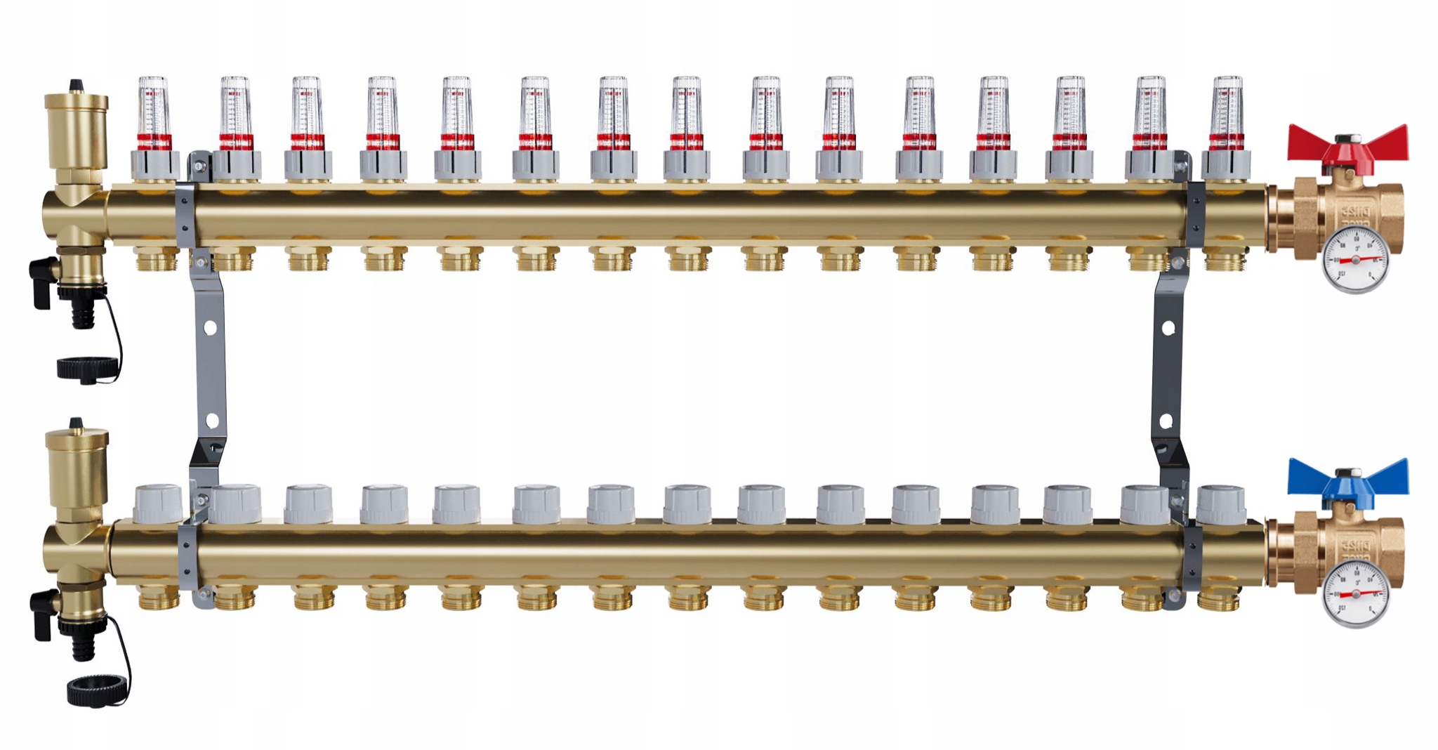 Rozdělovač Pro Podlahovku 15 Okruhů Jednoduchý Kulový Ventil Teploměr