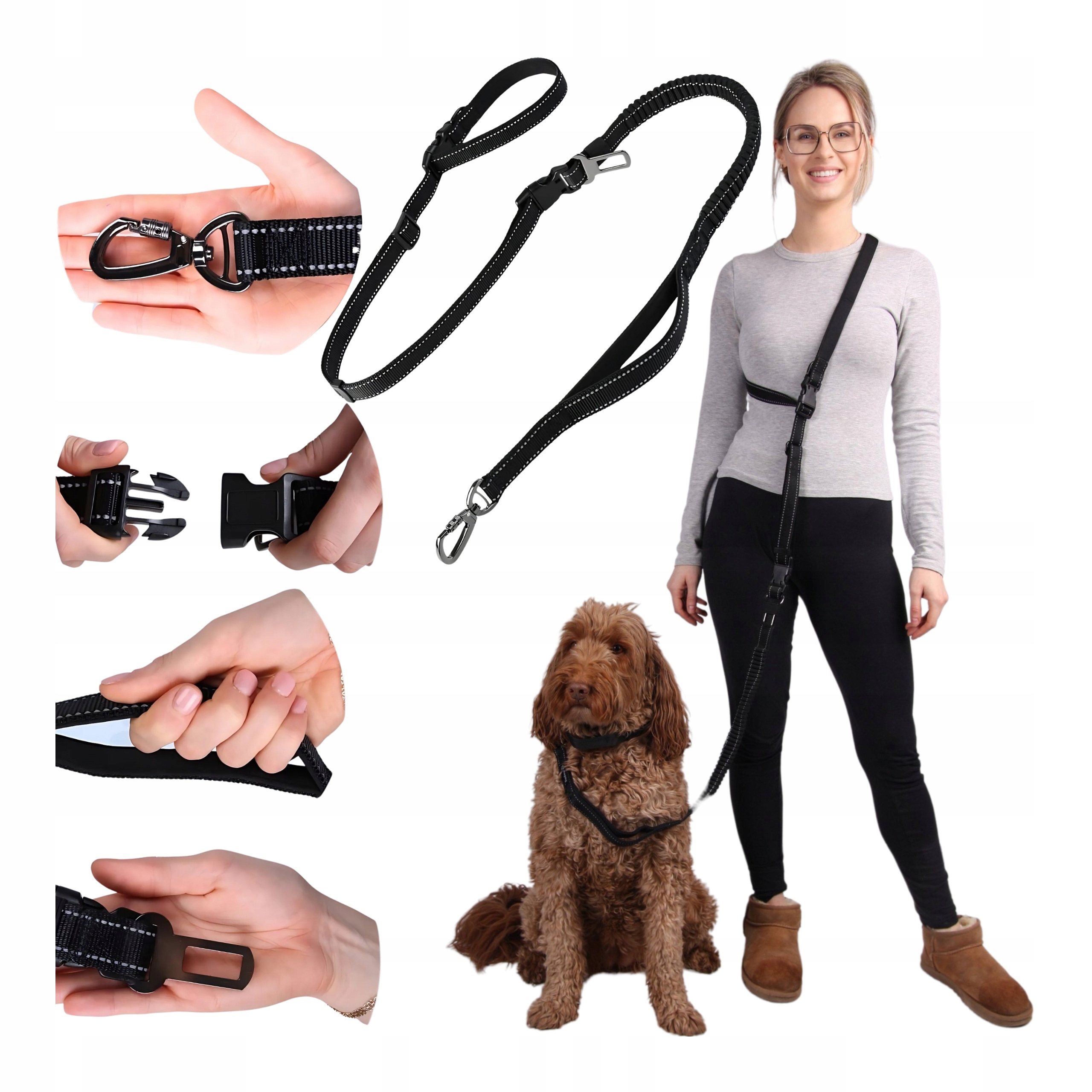 Levně Vodítko Přepínací pro psa 6 v 1 Černá s bederním pásem Trénink