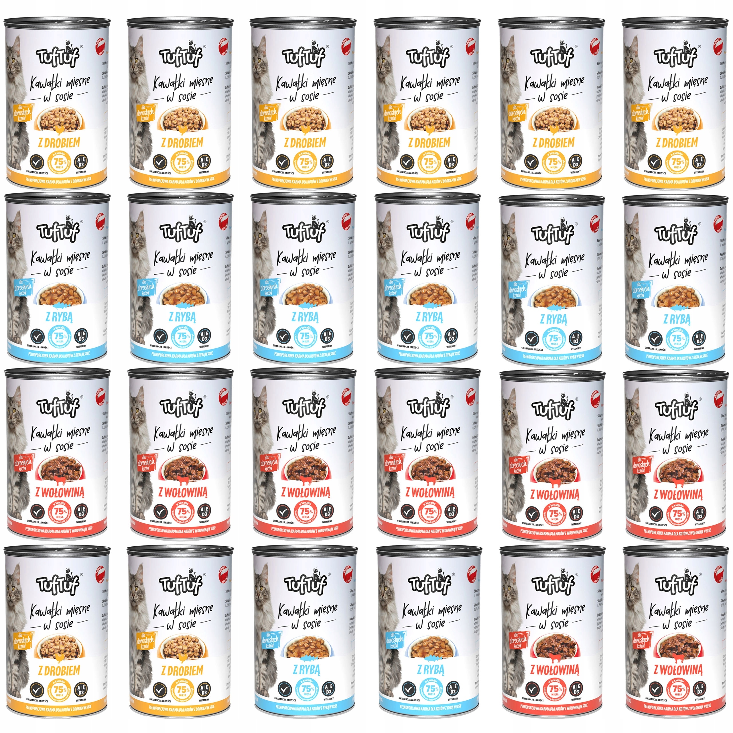 Levně Mokré Krmivo Pro Kočky 24x415 g 75% Masa V Omáčce Tuf Tuf Plechovky 9,96 kg.