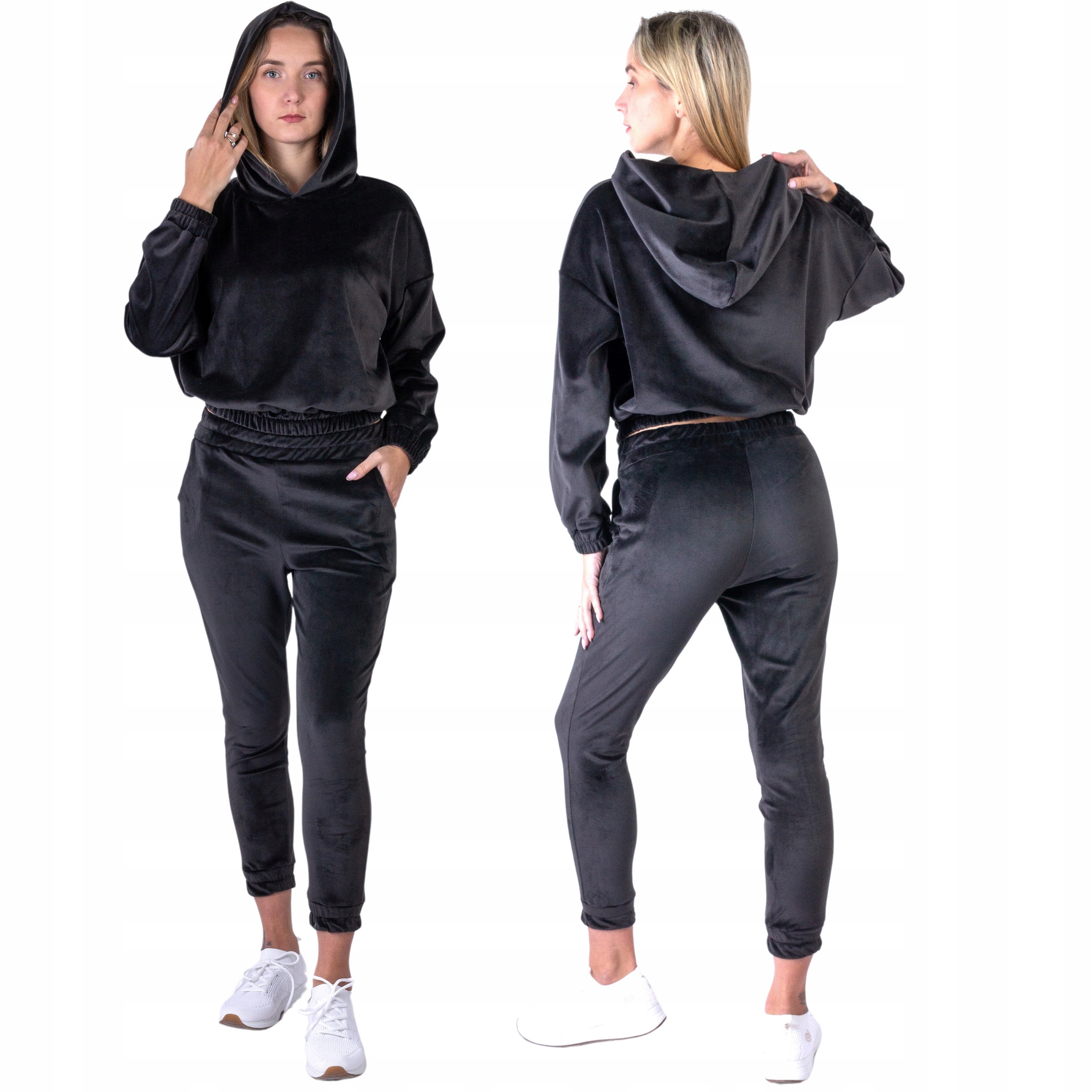 Dámský velurový komplet s kapucí černý, elastický velur, Polský výrobek