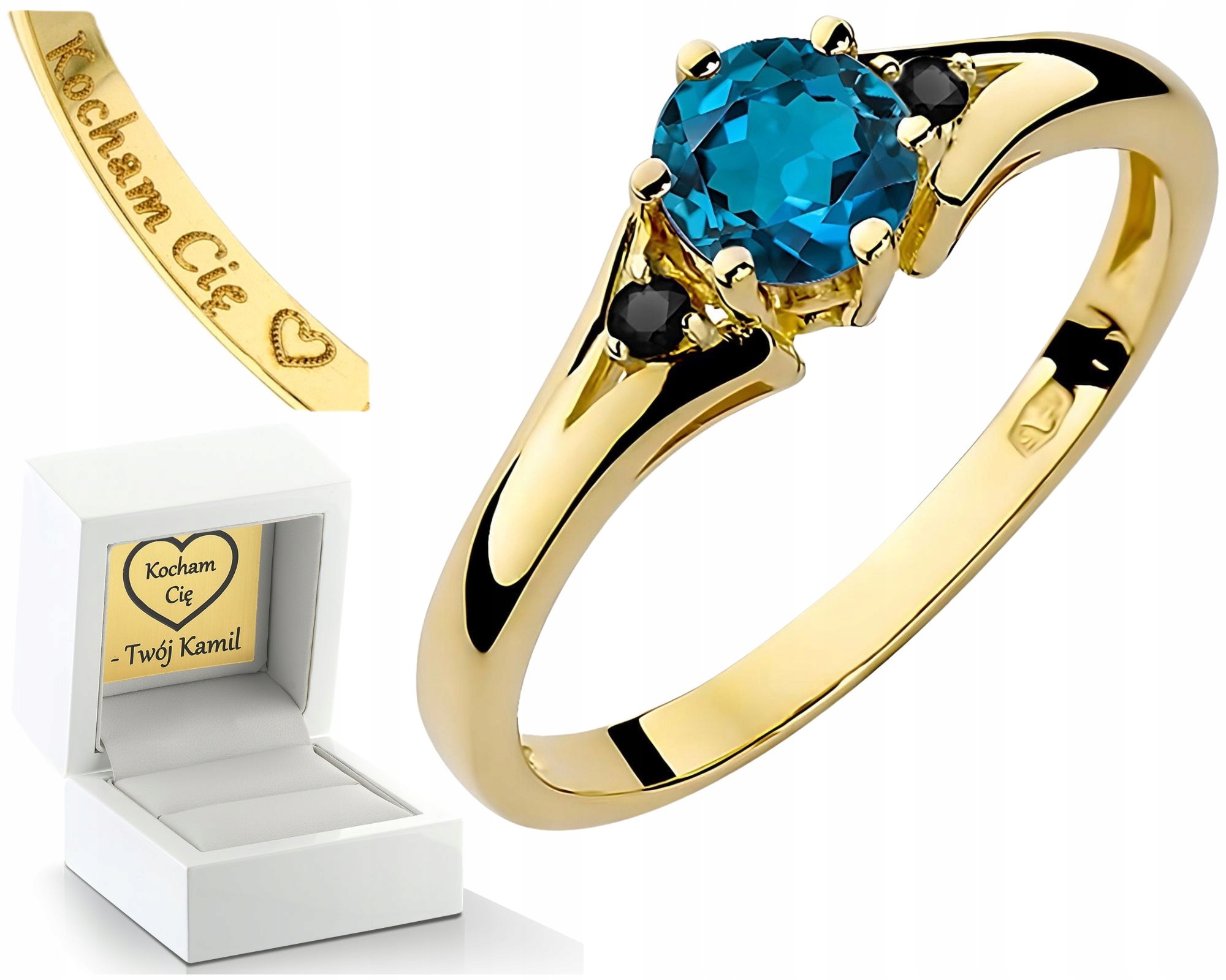 Zlatý Prstýnek S Topazem, Londýnskými Modrými A Černými Diamanty Gravírování Bonus 585