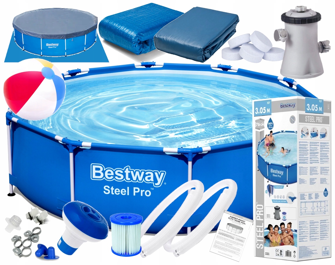 Basen Stelażowy 305X76 Bestway Pompa Filtr Pokrywa ogrodowy Zestaw SteelPro