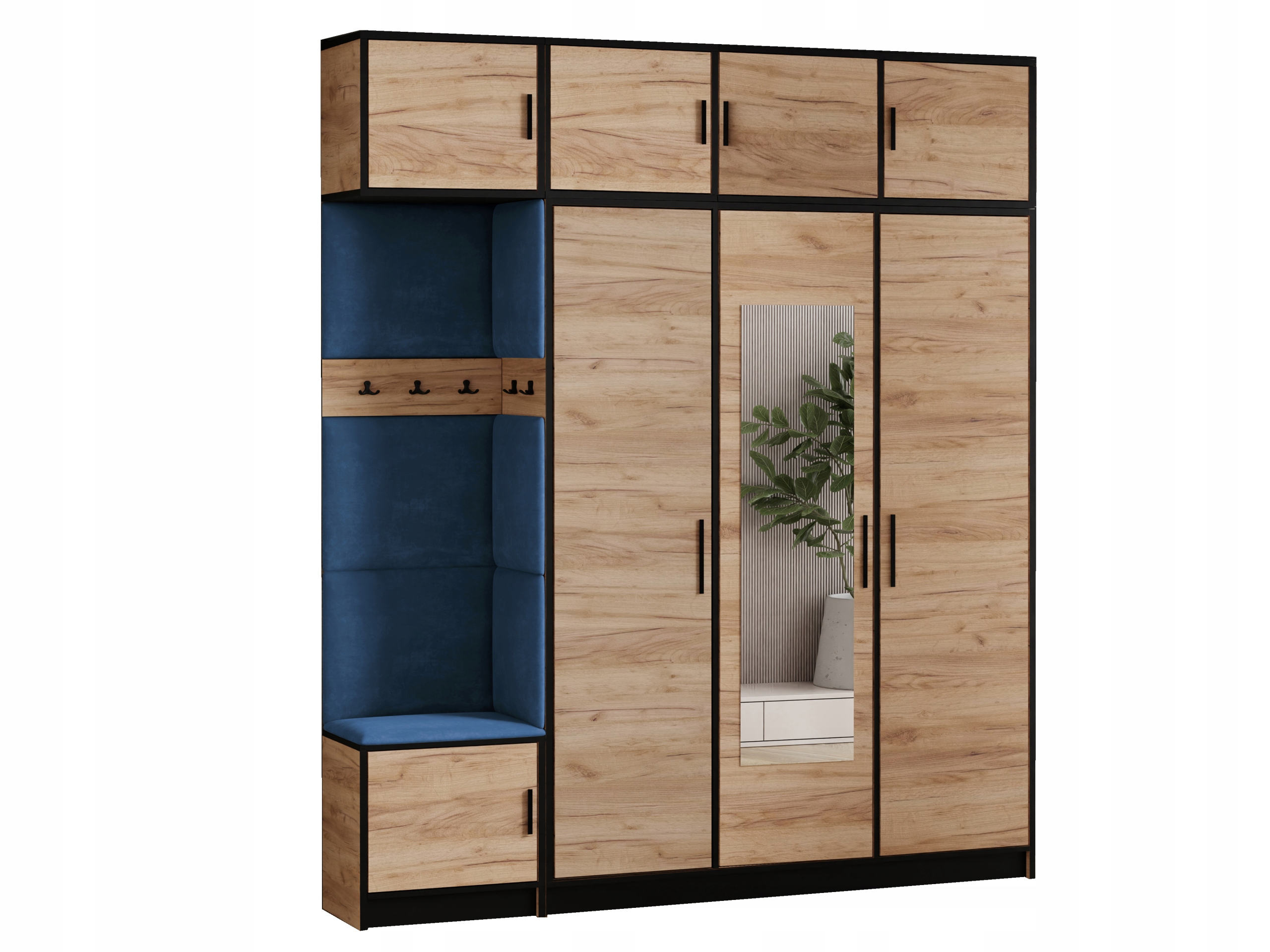 Šatní skříň Dior 14 dub craft zlatý modrá tkanina, sedák s nástavcem