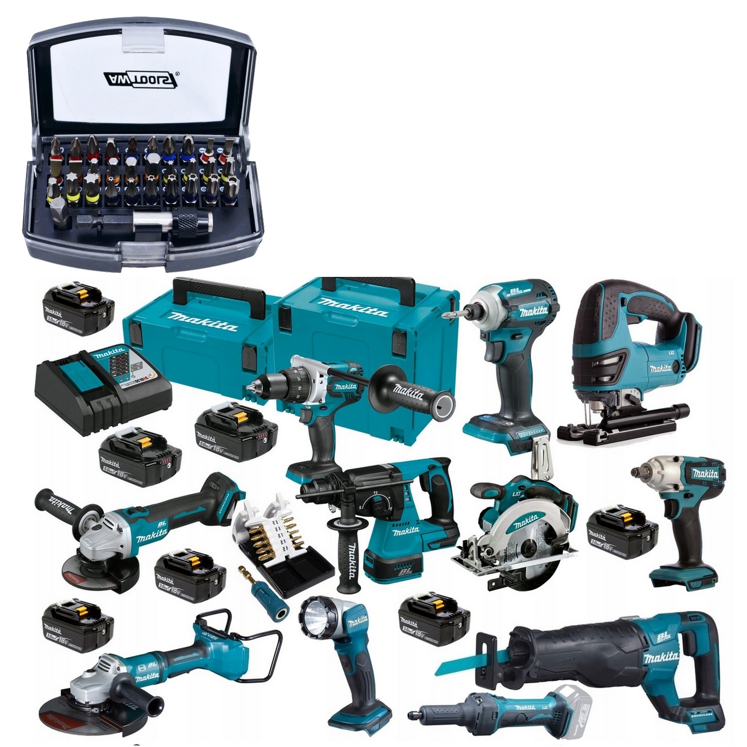 Zestaw bitów + MAKITA ZESTAW COMBO 11szt 18V 7X5AH (AW37915) • Cena