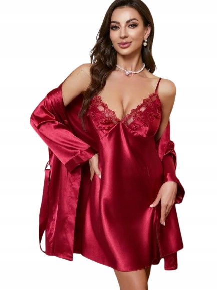 Elegantní Saténový Komplet Župan Saténová Košile, Krajka