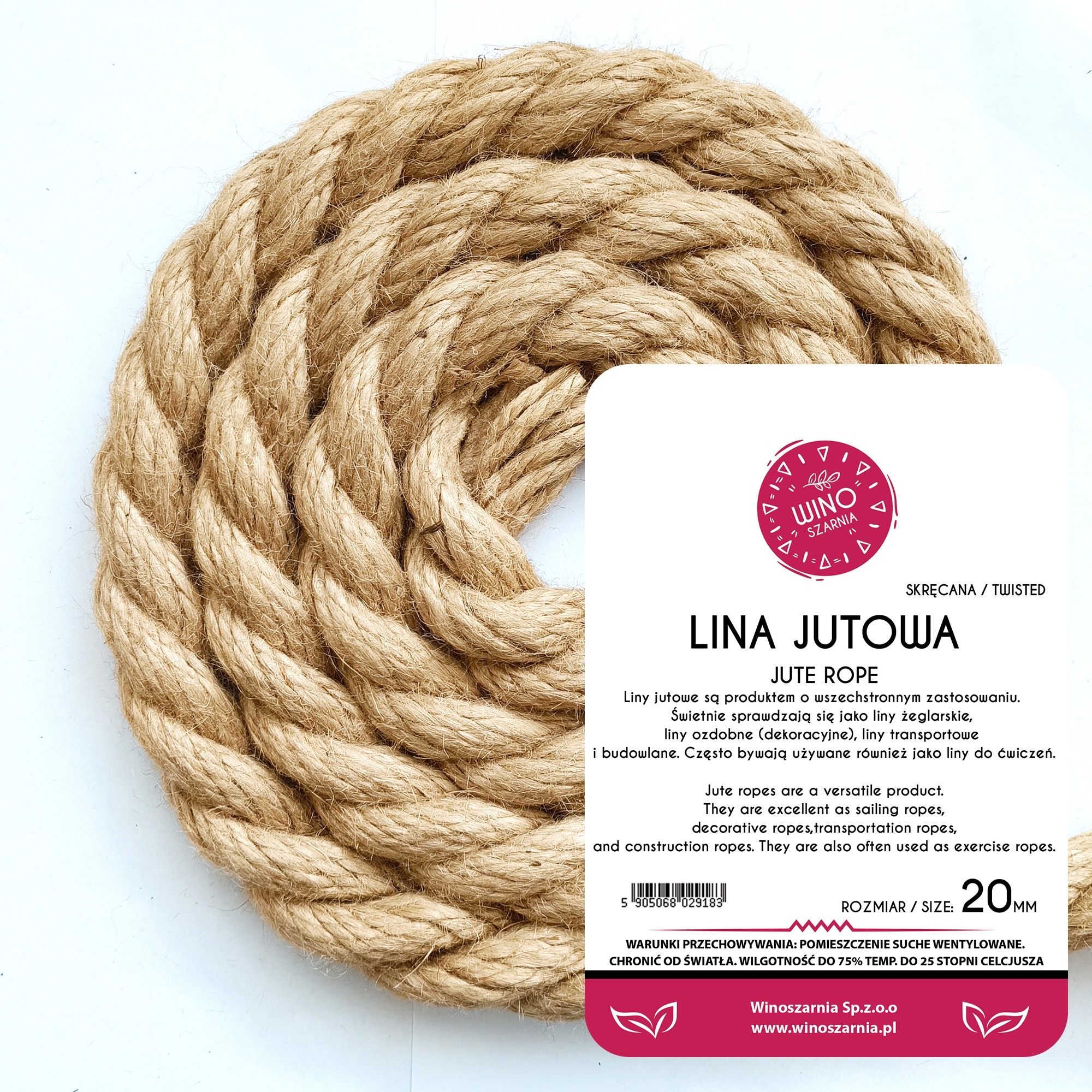 Jutové lano stáčené Winoszarnia přírodní dekorativní 20 mm 30 m šňůra