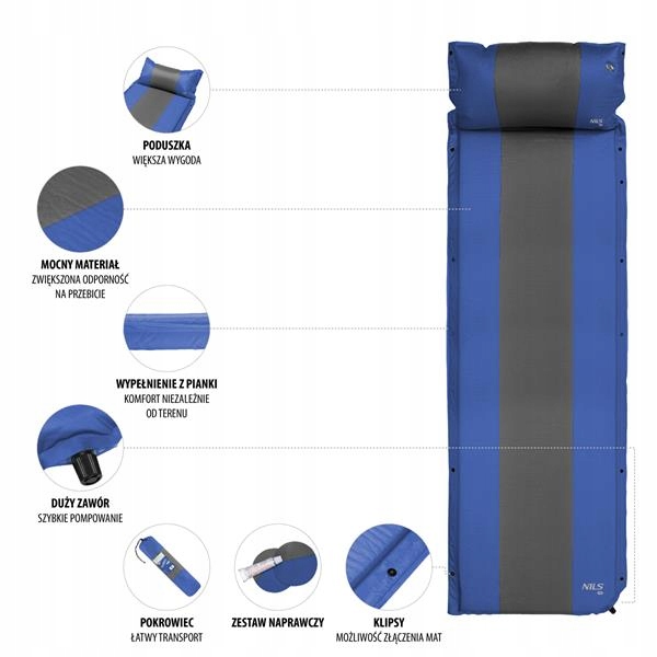 Mata samopompująca na kemping biwak materac zwijany z poduszką w pokrowcu Szerokość produktu 58 cm