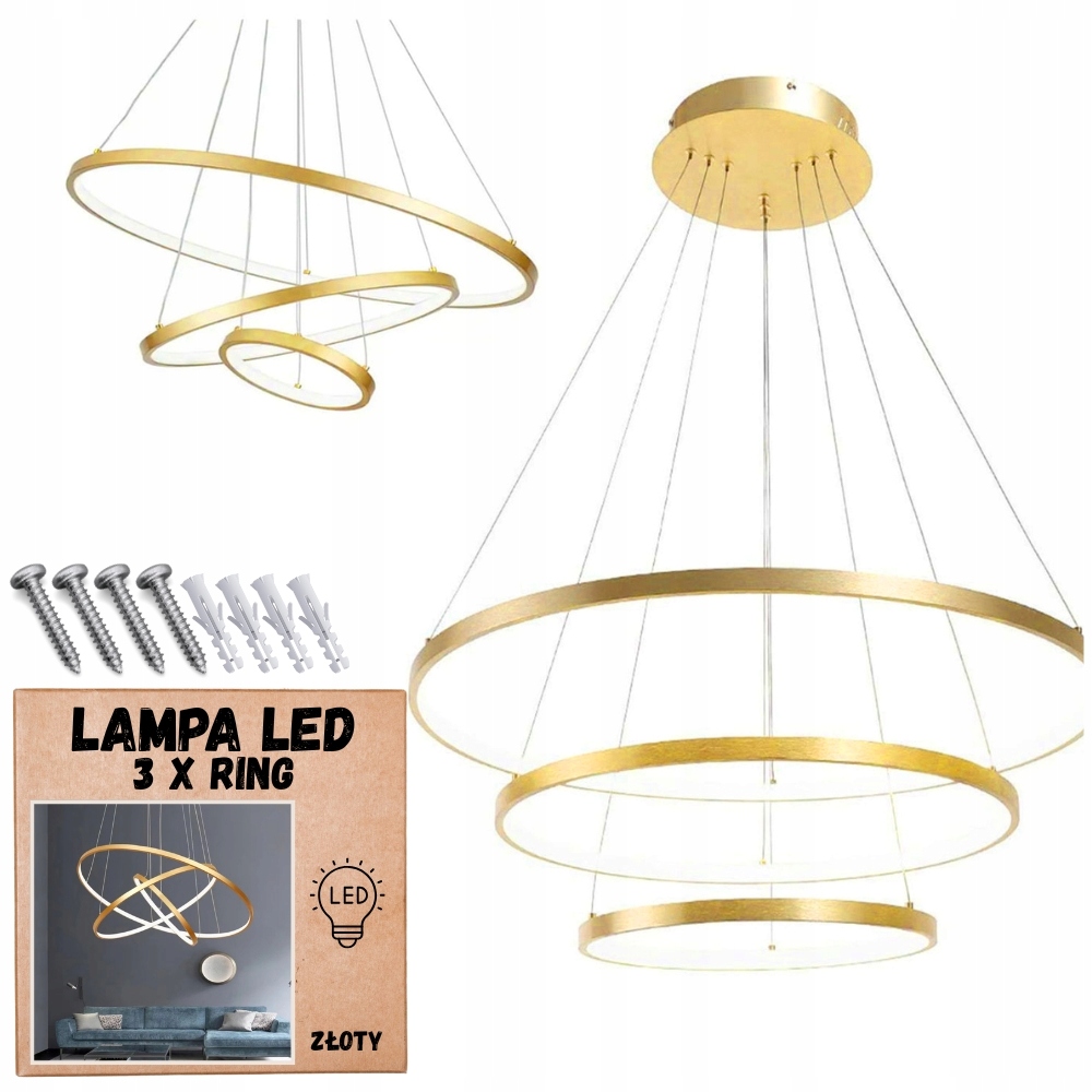 Lustr závěsná lampa Led stropní kroužky 76w zlatá nastavitelná neutrální