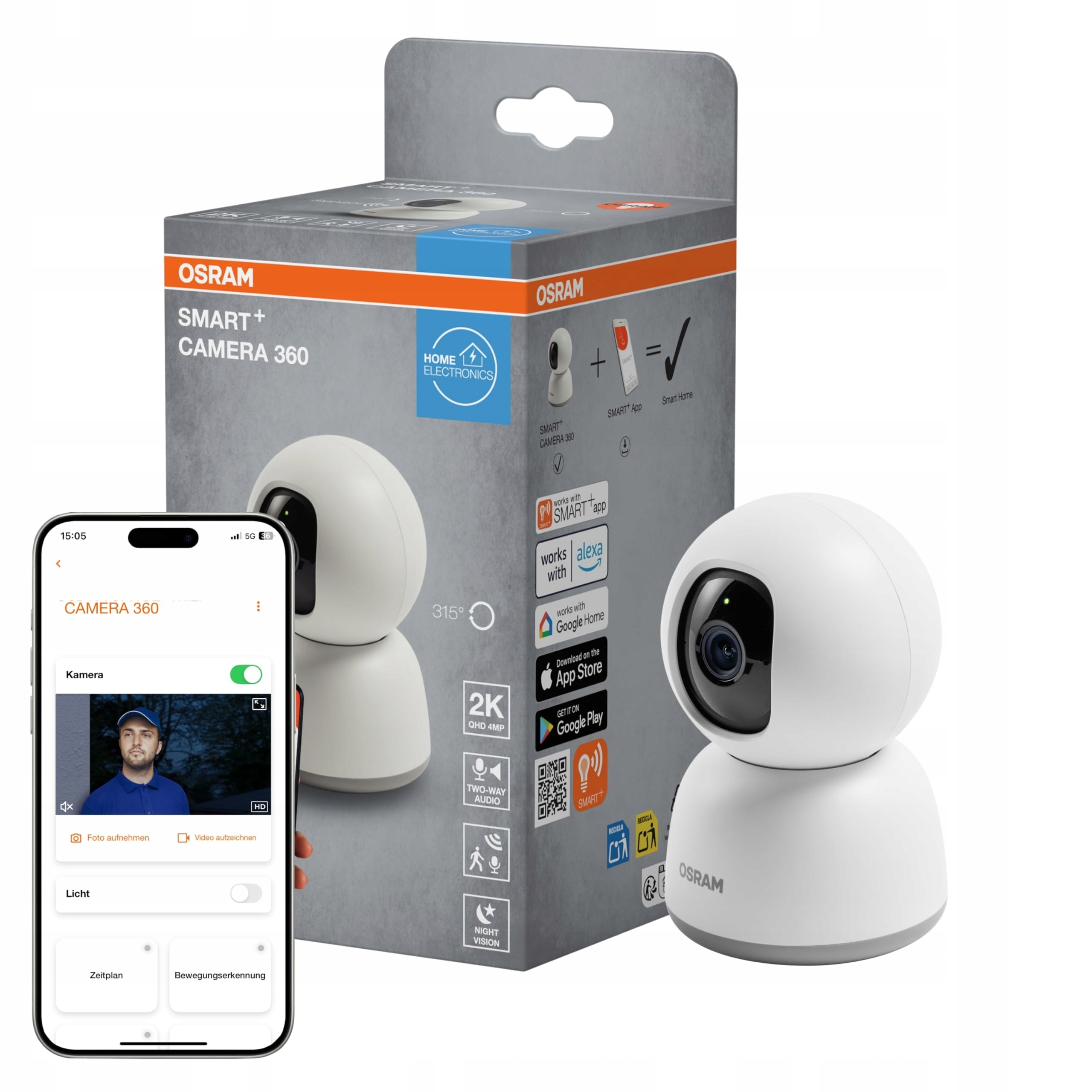 Osram Smart+ Wifi Kamera 360° 4MP 2K Qhd Nocny Widok Alexa Kompatybilna