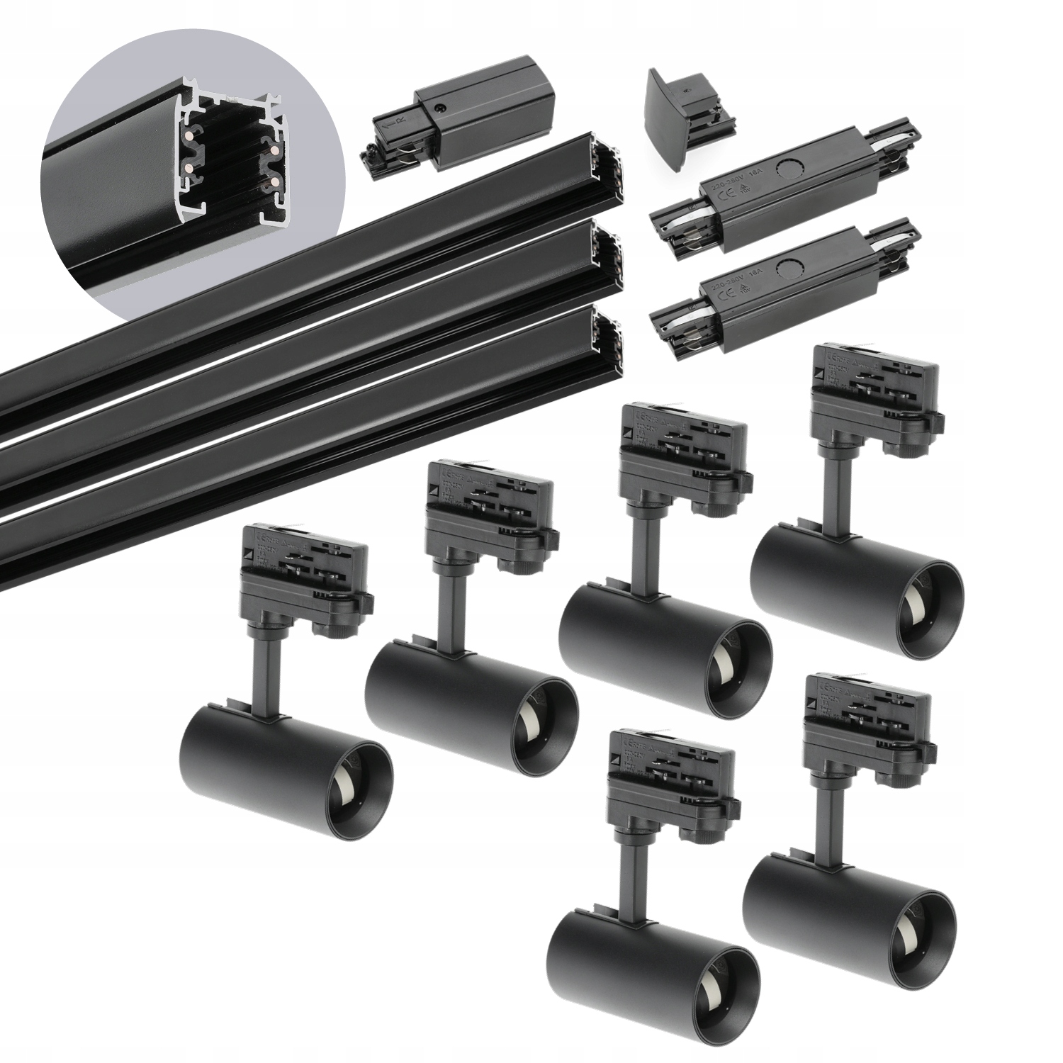 3-fázový koľajnicový set 6x Lampa GU10 3x koľajnica 1 m 2x spojka Čierna