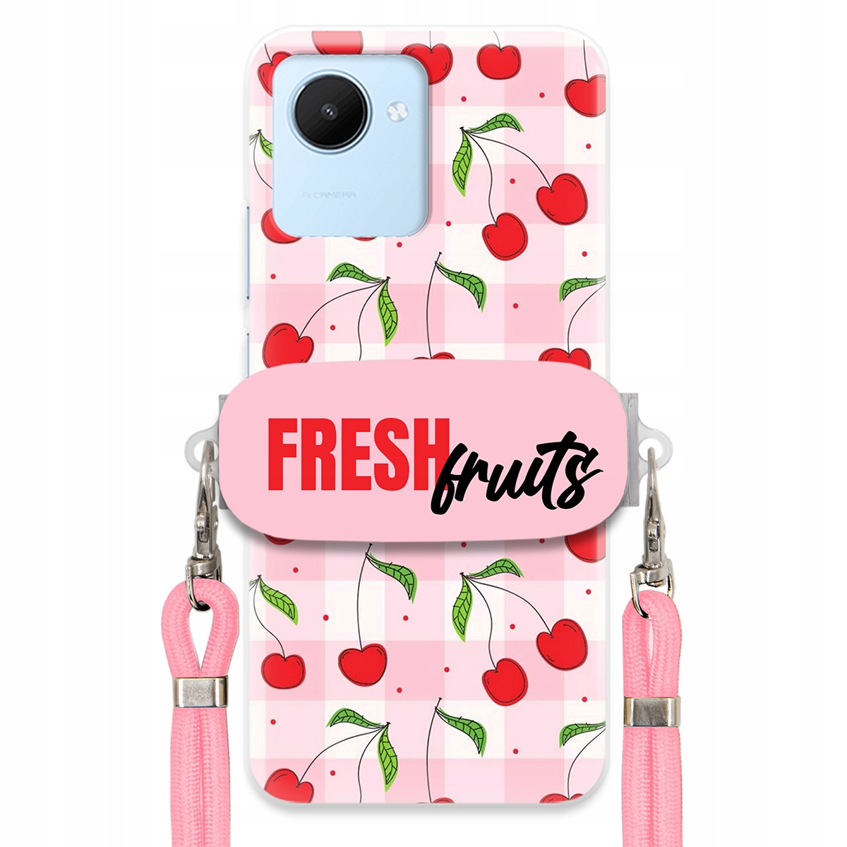 Puzdro na Realme C30 Case držiak na šnúrku Ružový Fresh Fruits Mriežka Ovocie