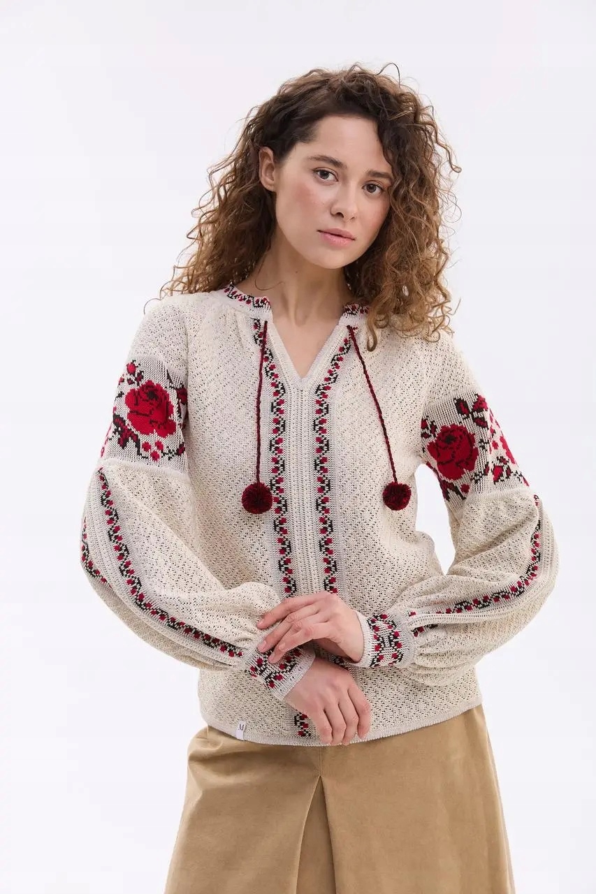 Lehký lidový svetr s ažurovým lněným květinovým vzorem vel. L