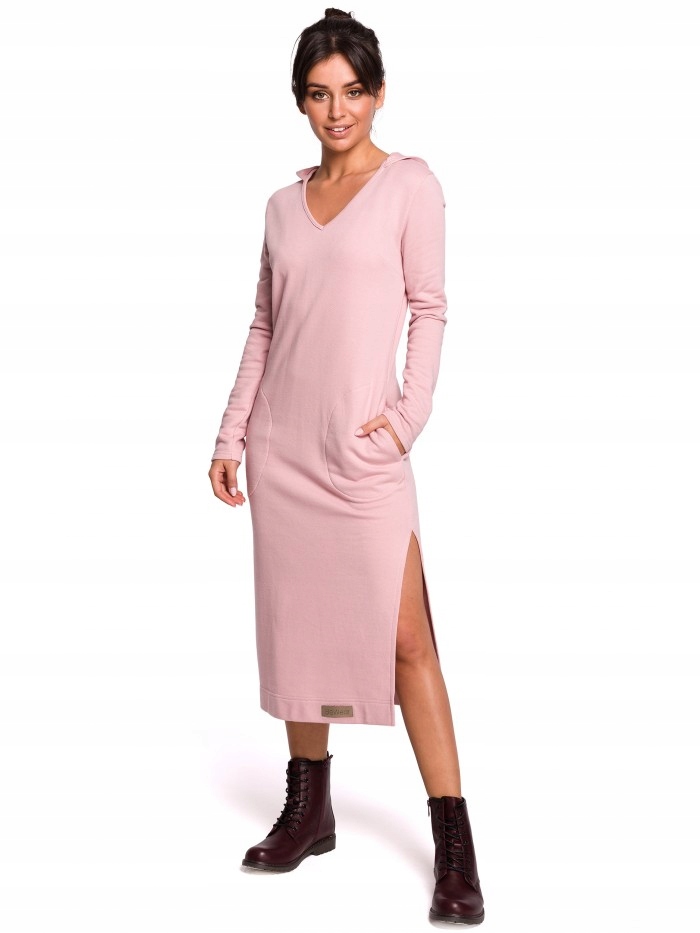 

Eu XXL B128 Sukienka maxi z kapturem - pudrowa Eu
