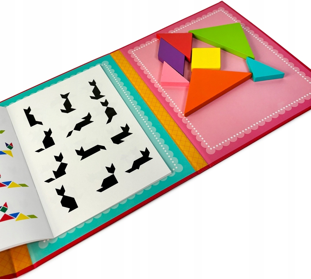 TANGRAM DREWNIANE KLOCKI MAGNETYCZNE MAGNES KSZTAŁTY UKŁADANKA MONTESSORI Materiał drewno