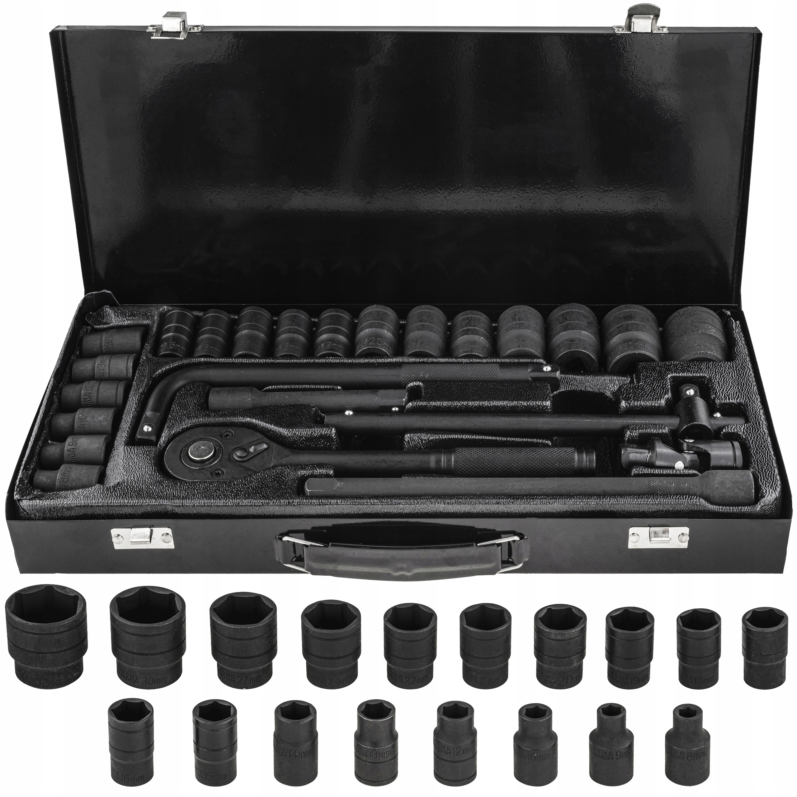 Zestaw Kluczy Nasadki Udarowe 8-32mm Grzechotka Przedłużka Pokrętło 24 El