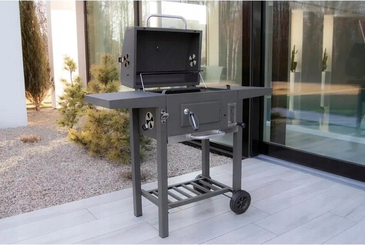 PROFESJONALNY GRILL OGRODOWY WĘGLOWY + PÓŁKI + POPIELNIK + POKRYWA + RUSZT Głębokość grilla 54 cm