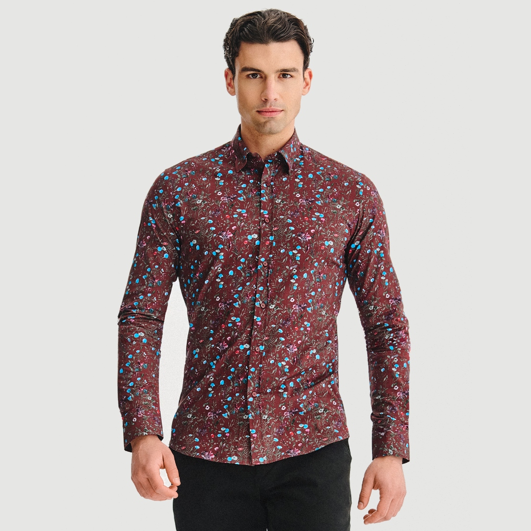 Bordó pánská košile s kontrastním květinovým vzorem Pako Lorente vel L