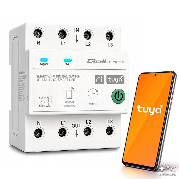 Przekaźnik WiFi 63A 3 fazy 3P+N licznik energii Din Qoltec Tuya Smart Life