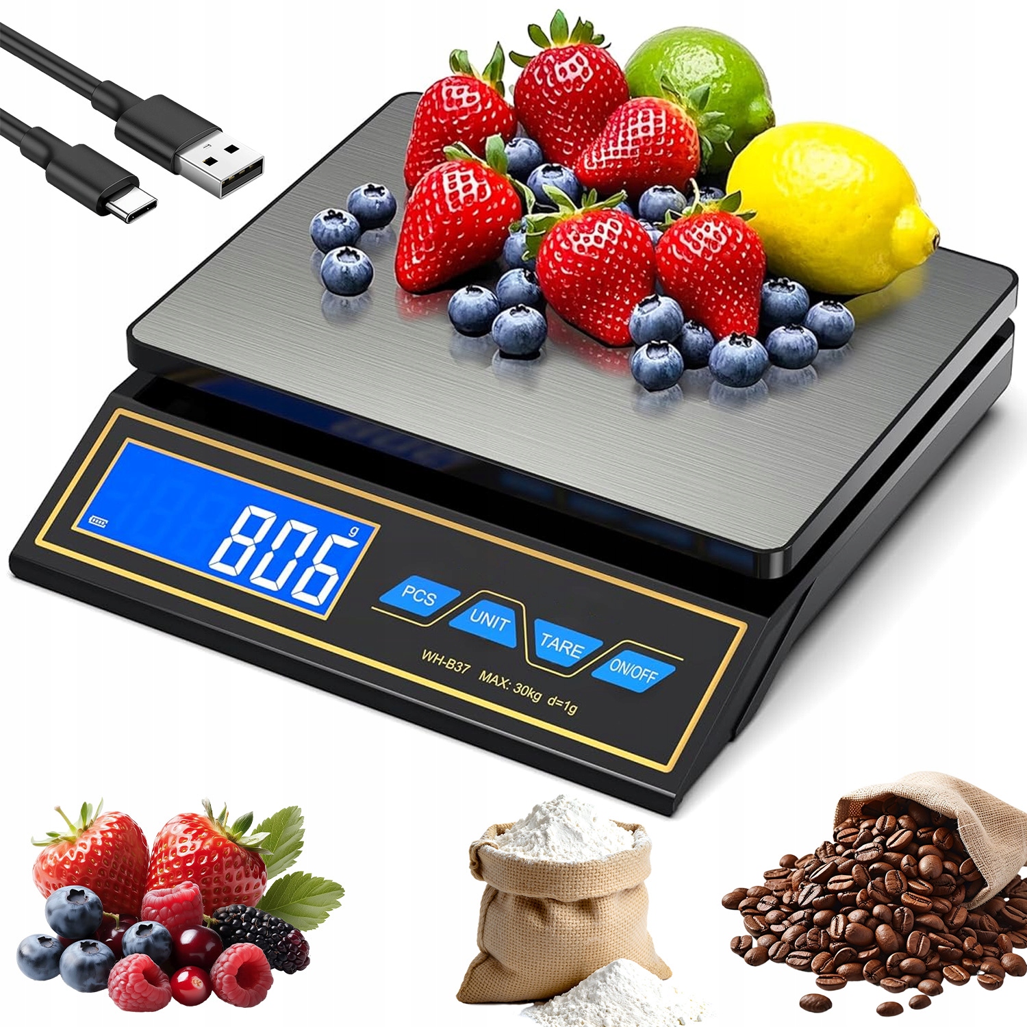 Elektrická Kuchyňská Váha Max. 30 Kg 1 G LCD Nerezová Ocel Usb-c