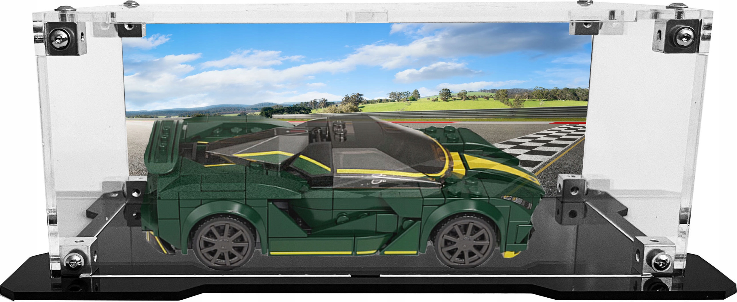 Vitrína s černou základnou a pozadím pro stavebnici Lego 76907 Lotus Evija