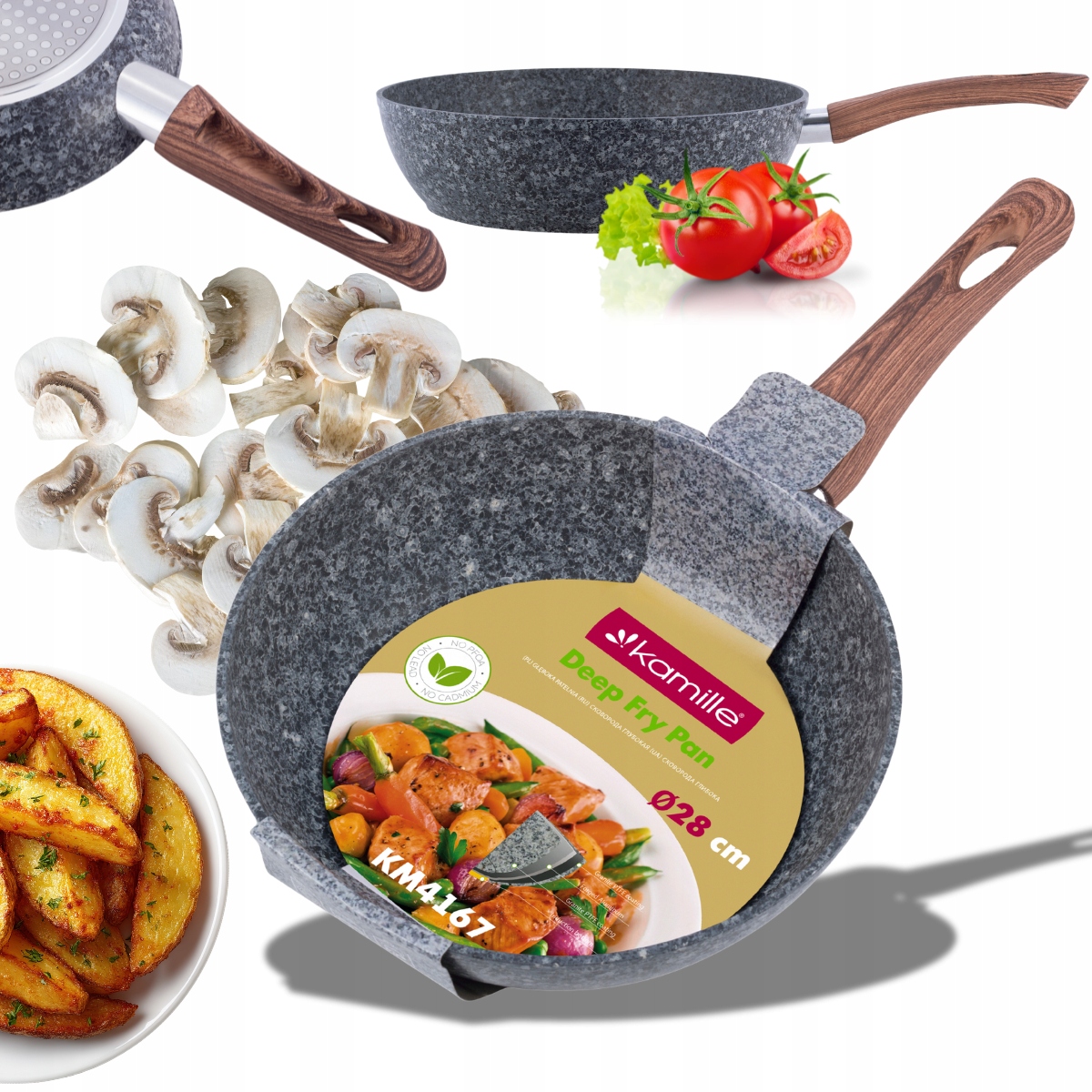 PATELNIA GRANITOWA GŁĘBOKA WOK 28cm NIEPRZYWIERAJĄCA INDUKCJA GAZ KAMILLE