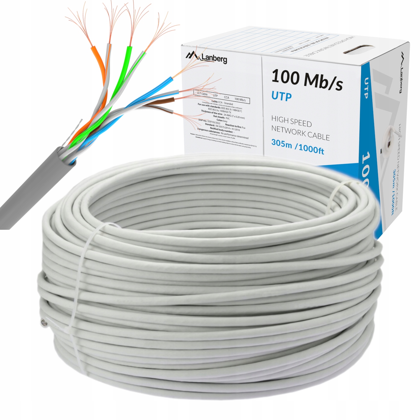 Kabel Sieciowy Przewód Skrętka Cca Utp Lan CAT.5 KAT.5 100M Linka Lanberg