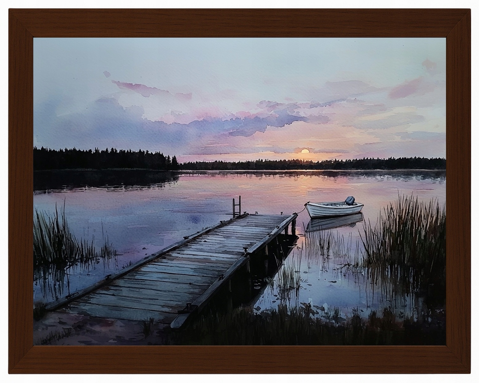 Plakát Rámeček Dřevo Krajina Jezero Přístav Most Loďka Slunce 80x60
