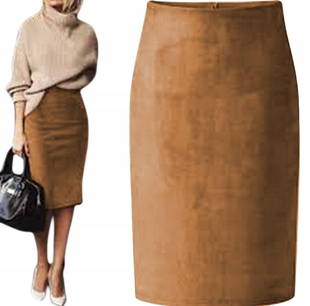 SPÓDNICA ZAMSZ CAMEL TUBA OŁÓWKOWA MIDI 38