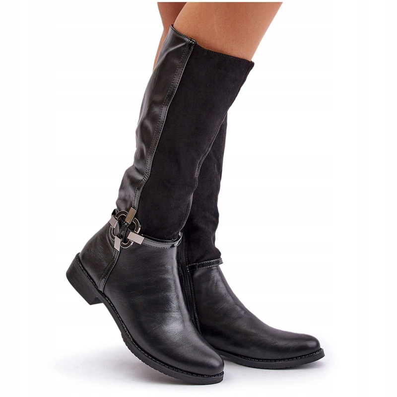 Kozačky Plochý Podpatek Na Zip Zateplené S Přezkou Eko Kůže Černé 37