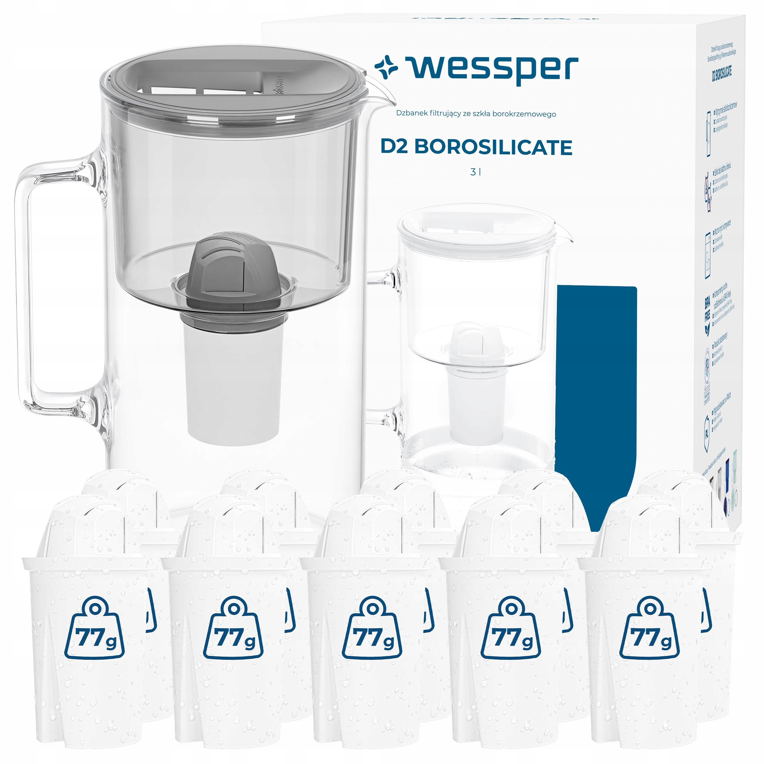 Skleněná filtrační konvice Wessper D2 Borosilicate 3 l šedá 11 x filtr