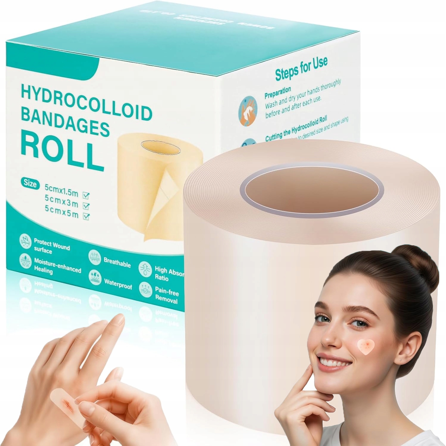 Plaster hydrokoloidowy w rolce, 5 cm x 5 m, samoprzylepny i wodoodporny.