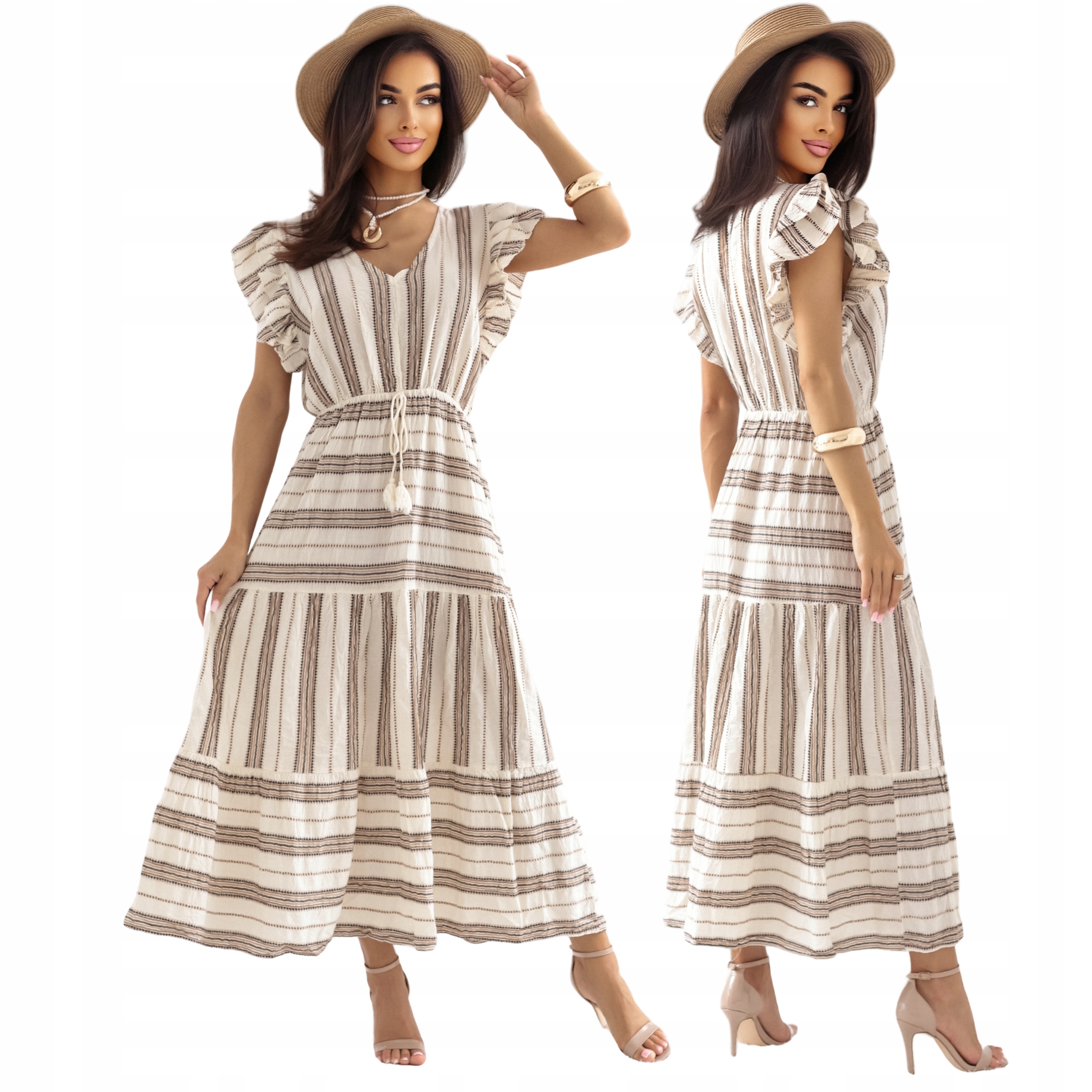 Letní dámské šaty volného střihu maxi s volány, bavlněné, Boho, ecru hnědá, Uni M L