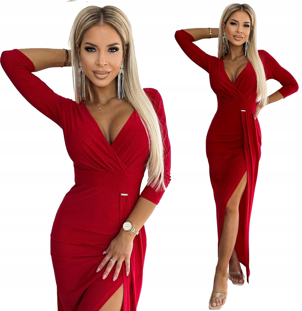 Oslnivé Dlouhé Šaty Přiléhavé Šaty Brokat Červená L