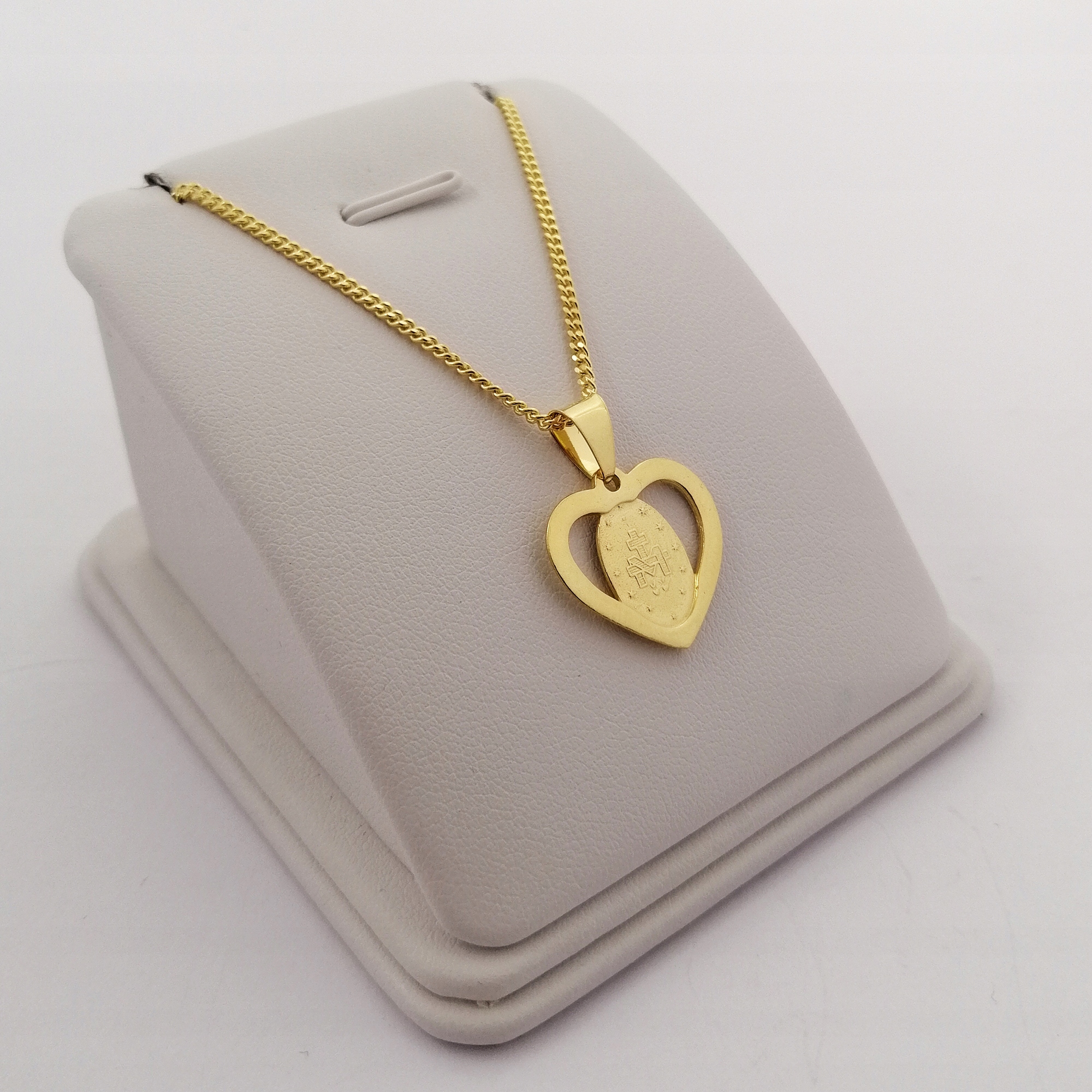 ZŁOTY ŁAŃCUSZEK+MEDALIK MATKA BOSKA W SERCU 925 PREZENT NA KOMUNIĘ CHRZEST Kolekcja Na Komunię Komunijny Chrzest Grawer