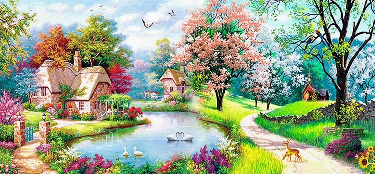 Diamantová Výšivka Diamond Painting Mozaika Jarní Polana 100x50cm Sada 5D