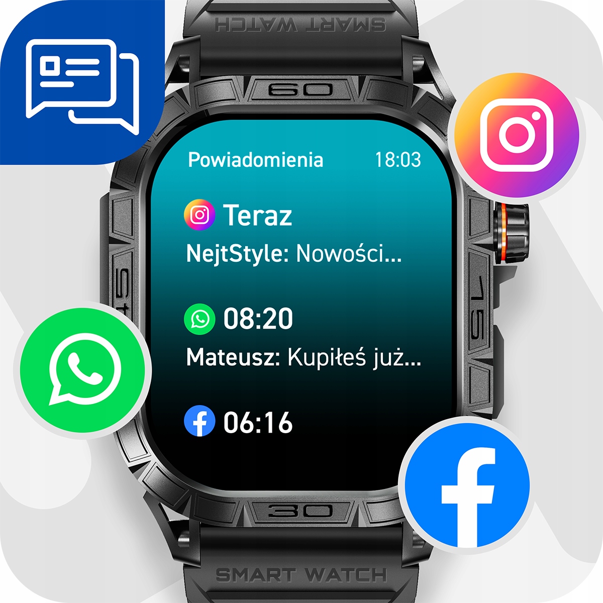 SMARTWATCH MĘSKI ZEGAREK POLSKIE MENU ROZMOWY SMS SPORT PULS WATCH Z AMOLED Transmisja danych brak