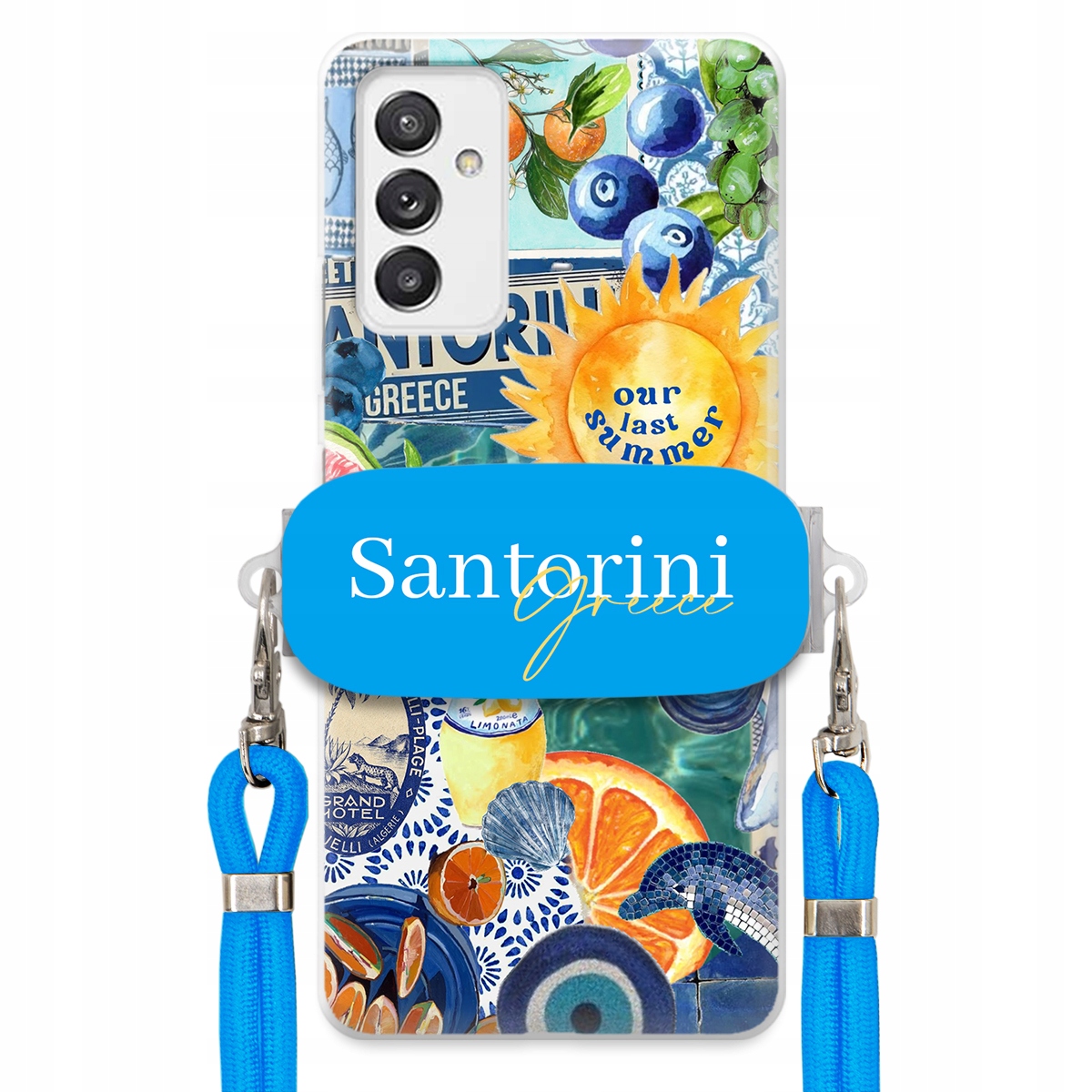 Puzdro pre Samsung A82 5G Modré Crossbody vodítko držiak Santorini Greece