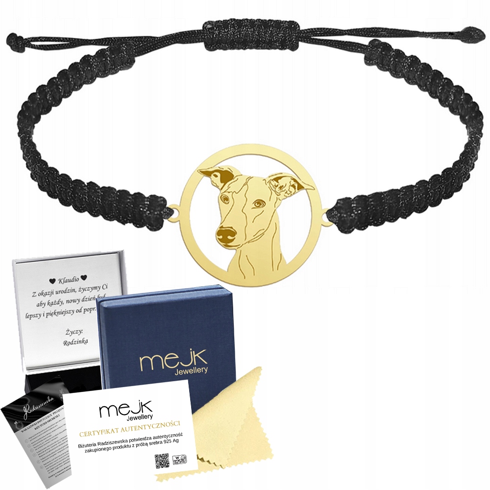 Zlatý náramek Anglický chrt 925 Makramé Žena Dárek Gravírování Bonus