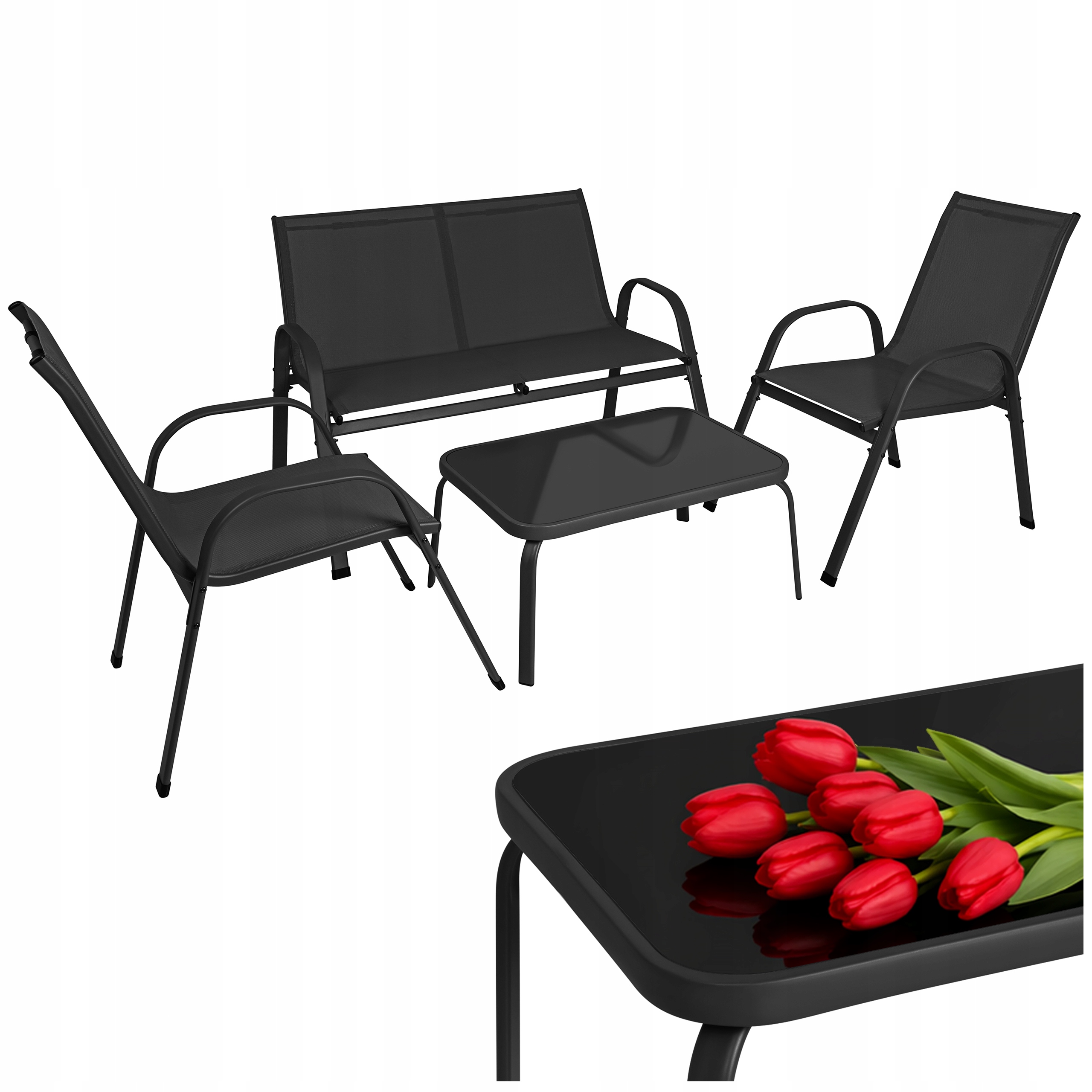 Sada zahradního nábytku Černá Set Stolek 2 Křesla Pohovka na Terasa Balkon