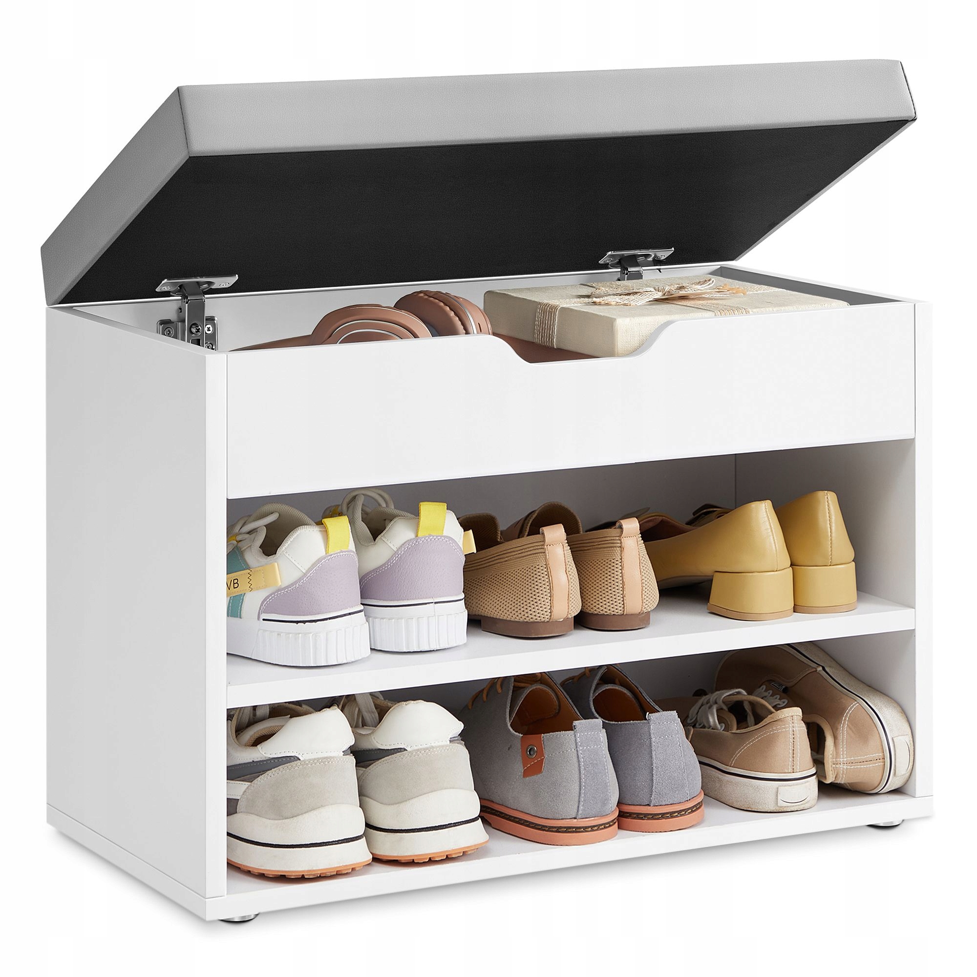 Moderná skrinka na topánky so skrytým úložným priestorom pod mäkkým sedadlom, biela