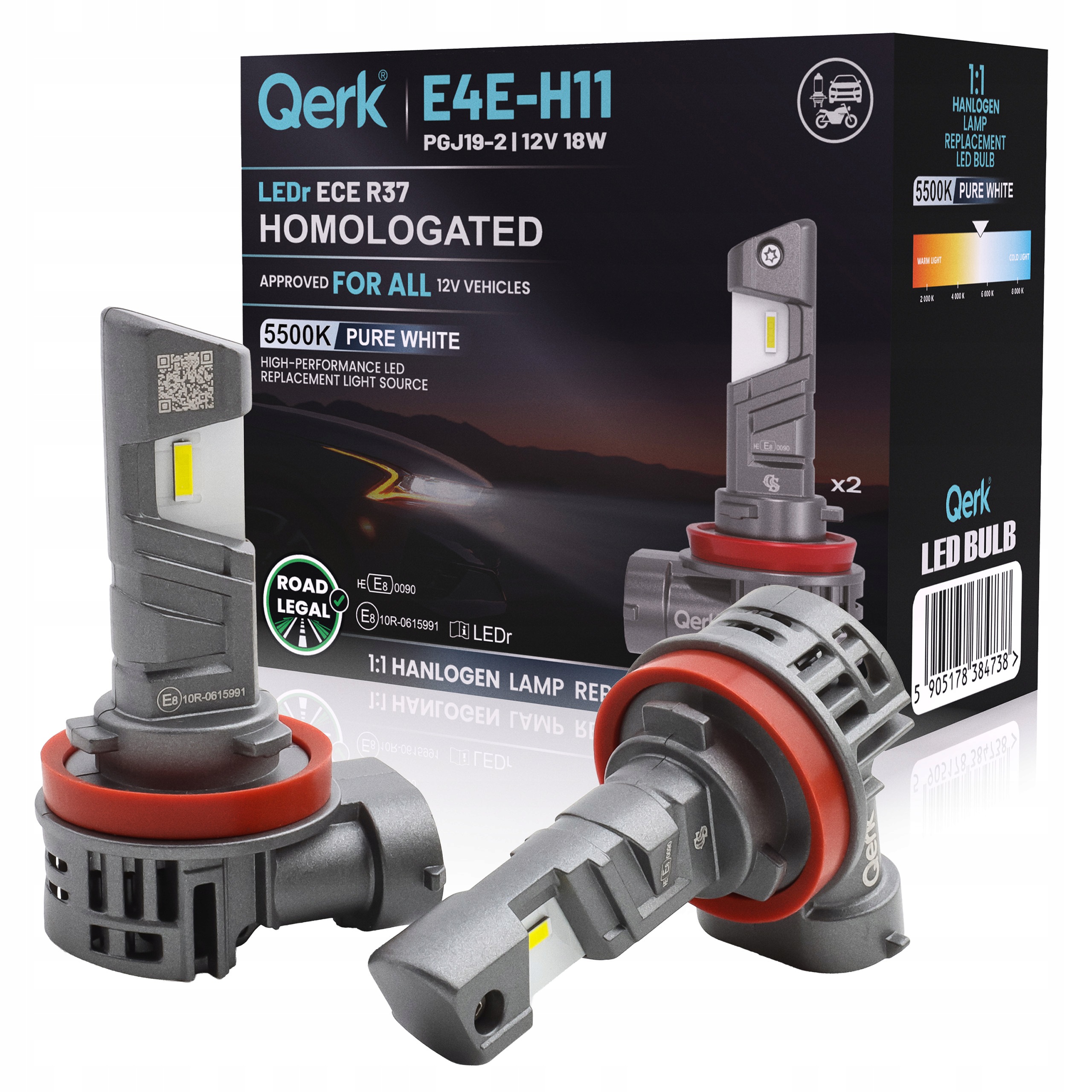 Żarówki Led H11 Homologacja Drogowa Qerk E4E-H11 LEDr Ece R37 5500K 2700lm