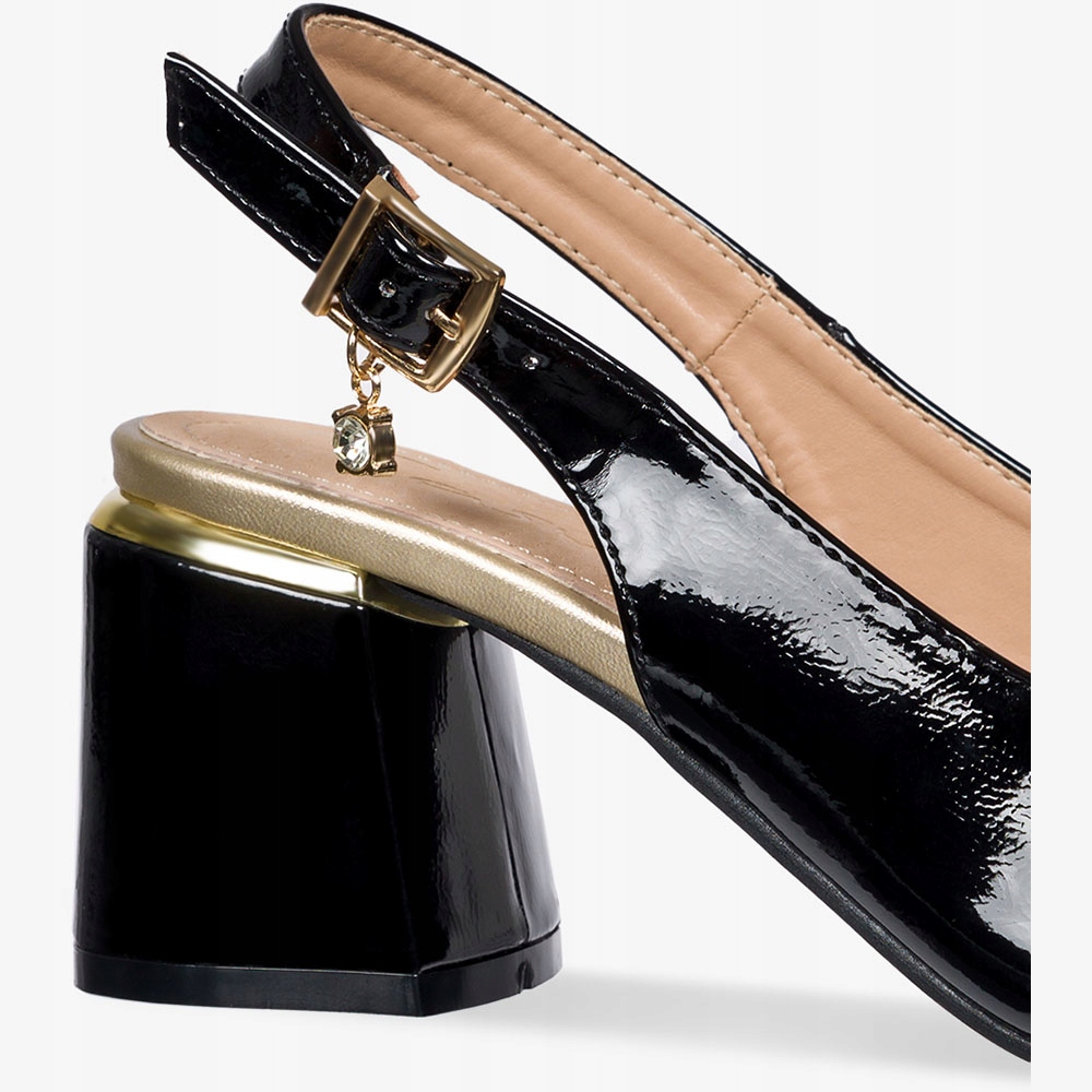 CZÓŁENKA DAMSKIE NA OBCASIE KLOCKU Z ODKRYTĄ PIĘTĄ WKŁADKA SKÓRA OZDOBA 39 Marka Casu