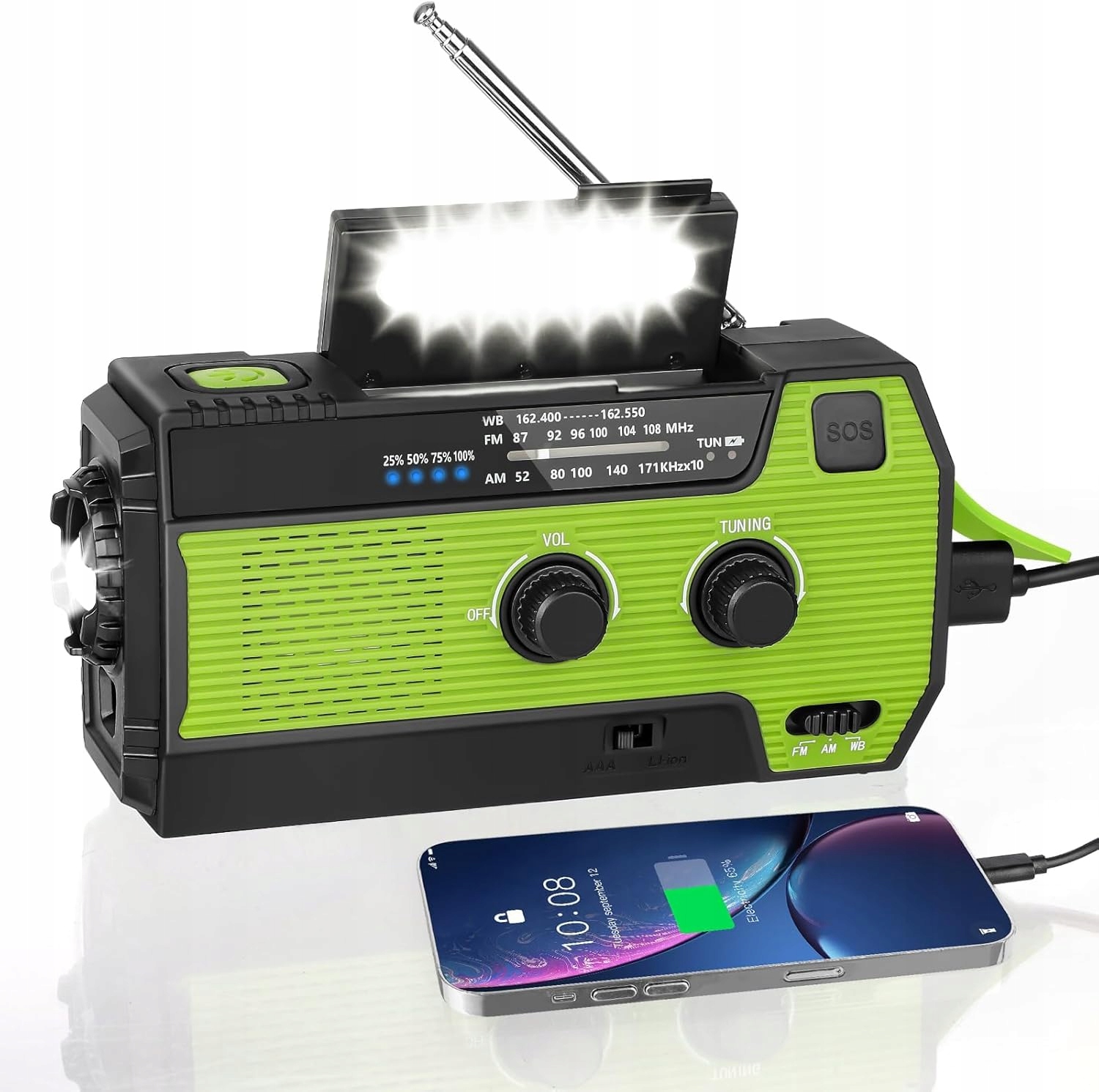 Przenośne Radio Solarne na Korbkę Awaryjne Lampka AlarmSOS 4000mAh Zielony