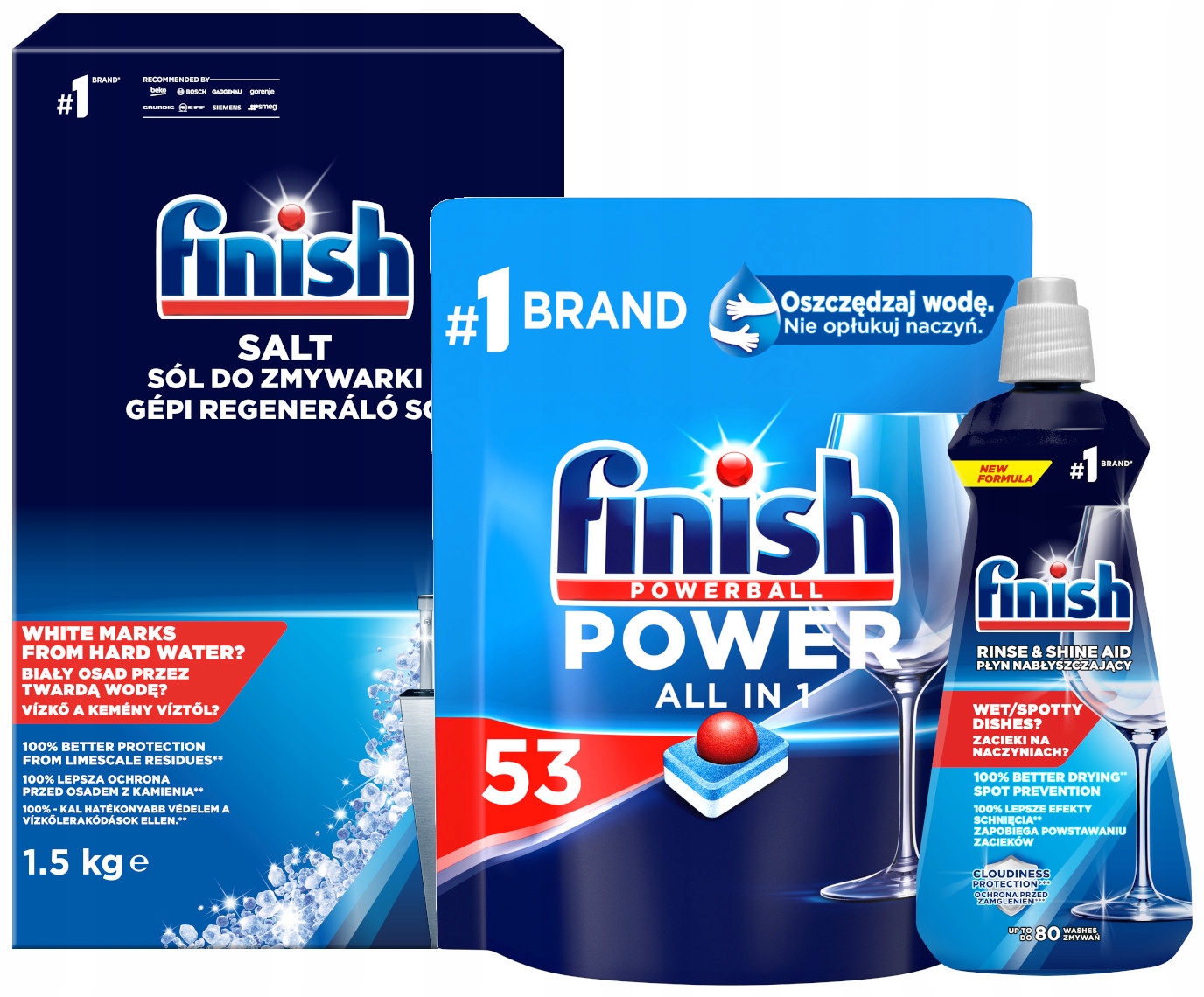 Levně Sada Finish Tabletky Power All in One 53 kusů Sůl Leštidlo
