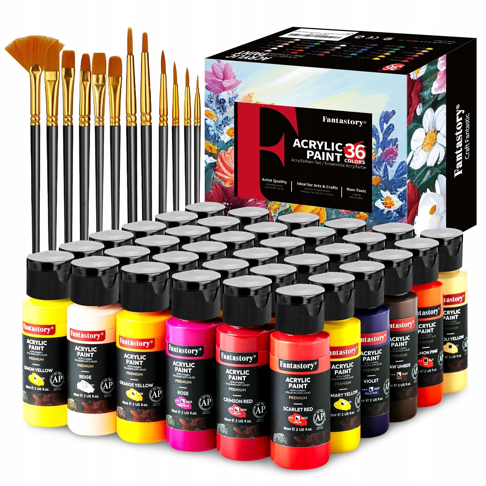 Akrylové barvy Fantastory vícebarevné 36 ks 60 ml sada štětci