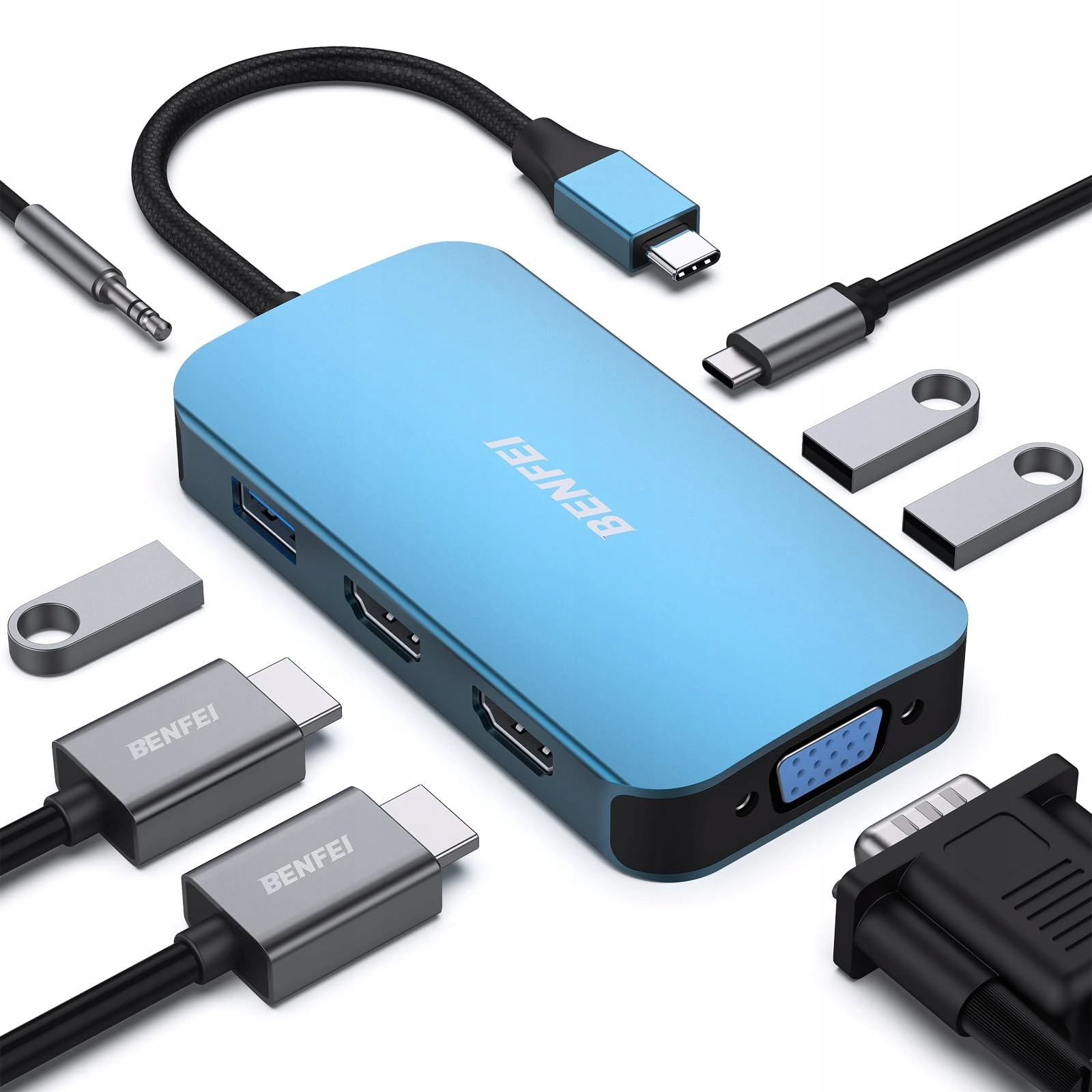 Benfei Usb-c Hub 8v1: Hdmi, Vga, Usb 3.0, Power Delivery a Aux (modrý)