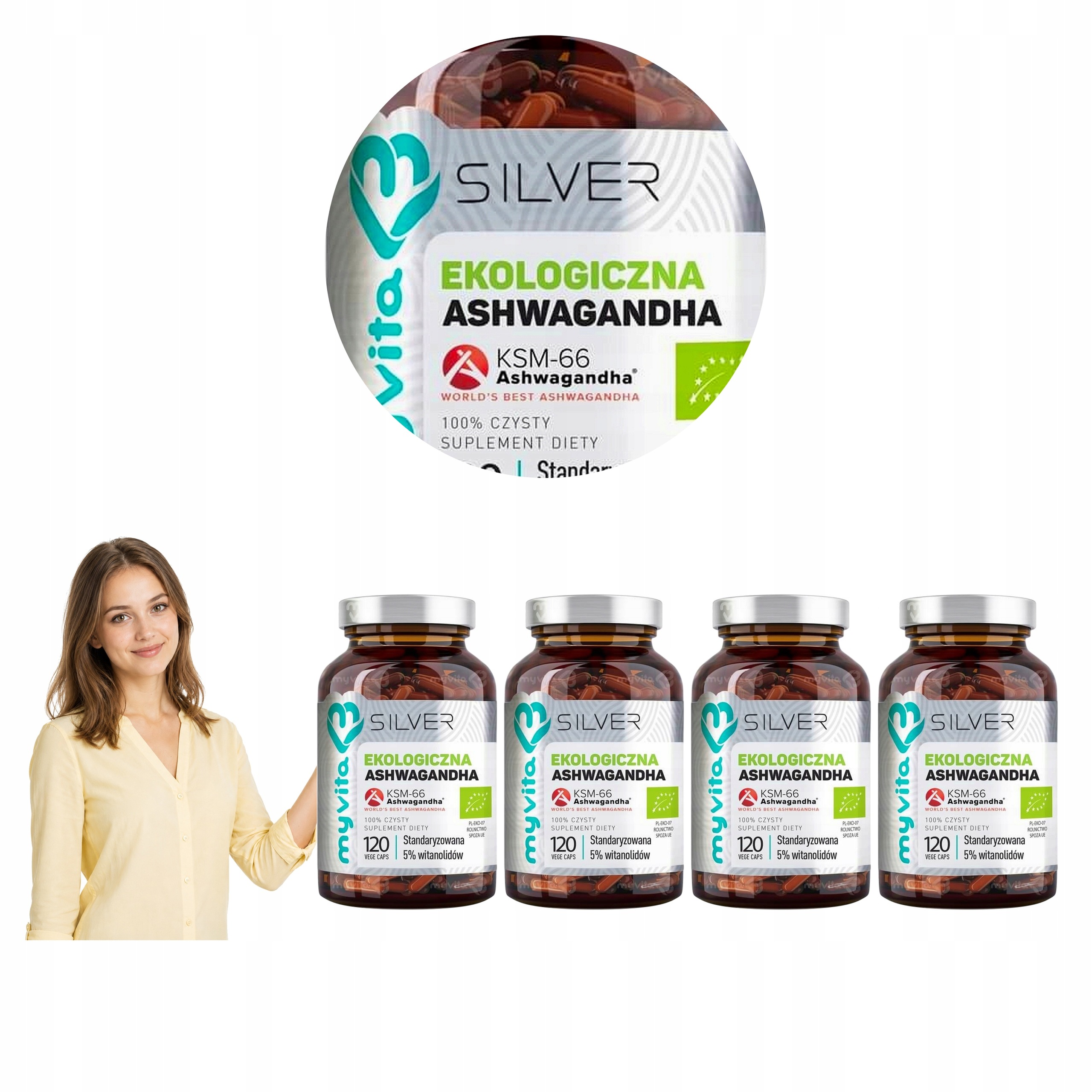 4x Myvita Pure 100% Ashwagandha Bio KSM-66 Żeń-szeń Indyjski 120 kaps.