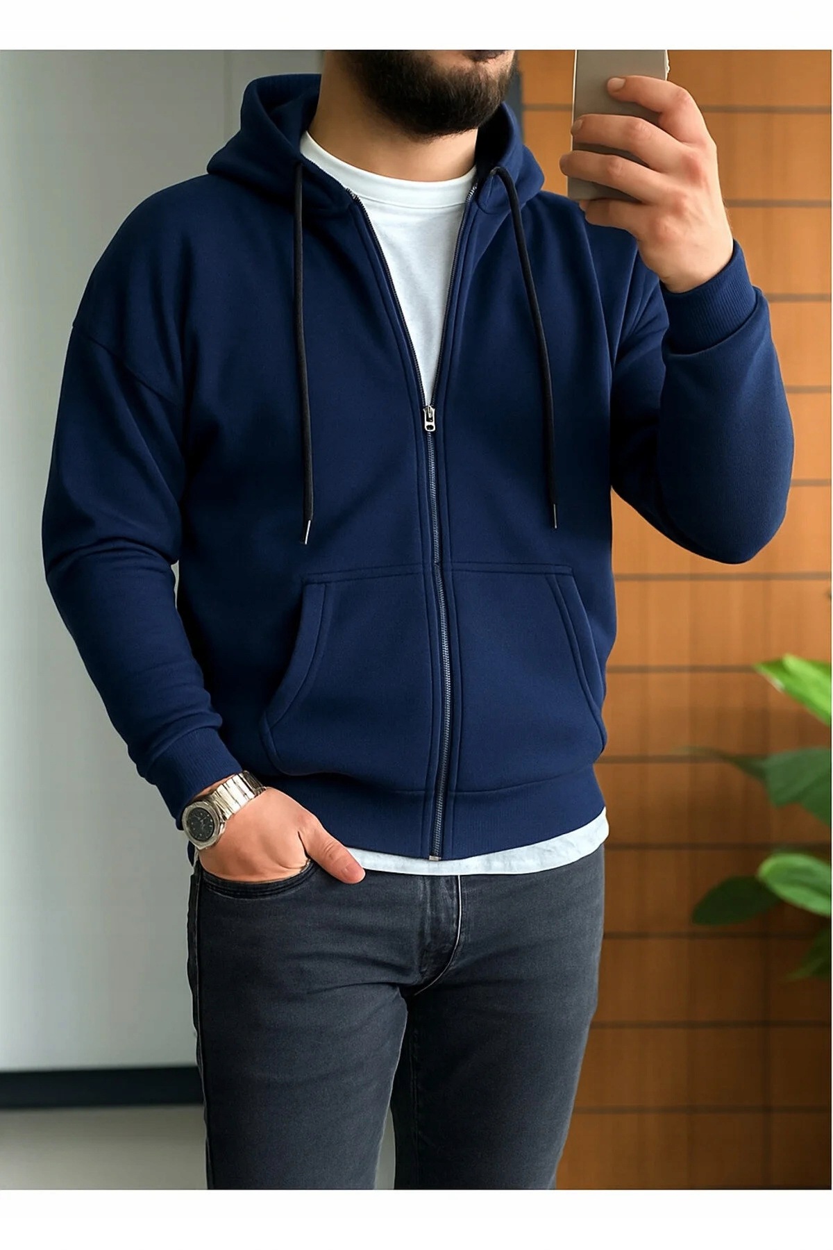 Tmavě Modrá Mikina S Kapucí A Kapsami Na Zip XL 5IA