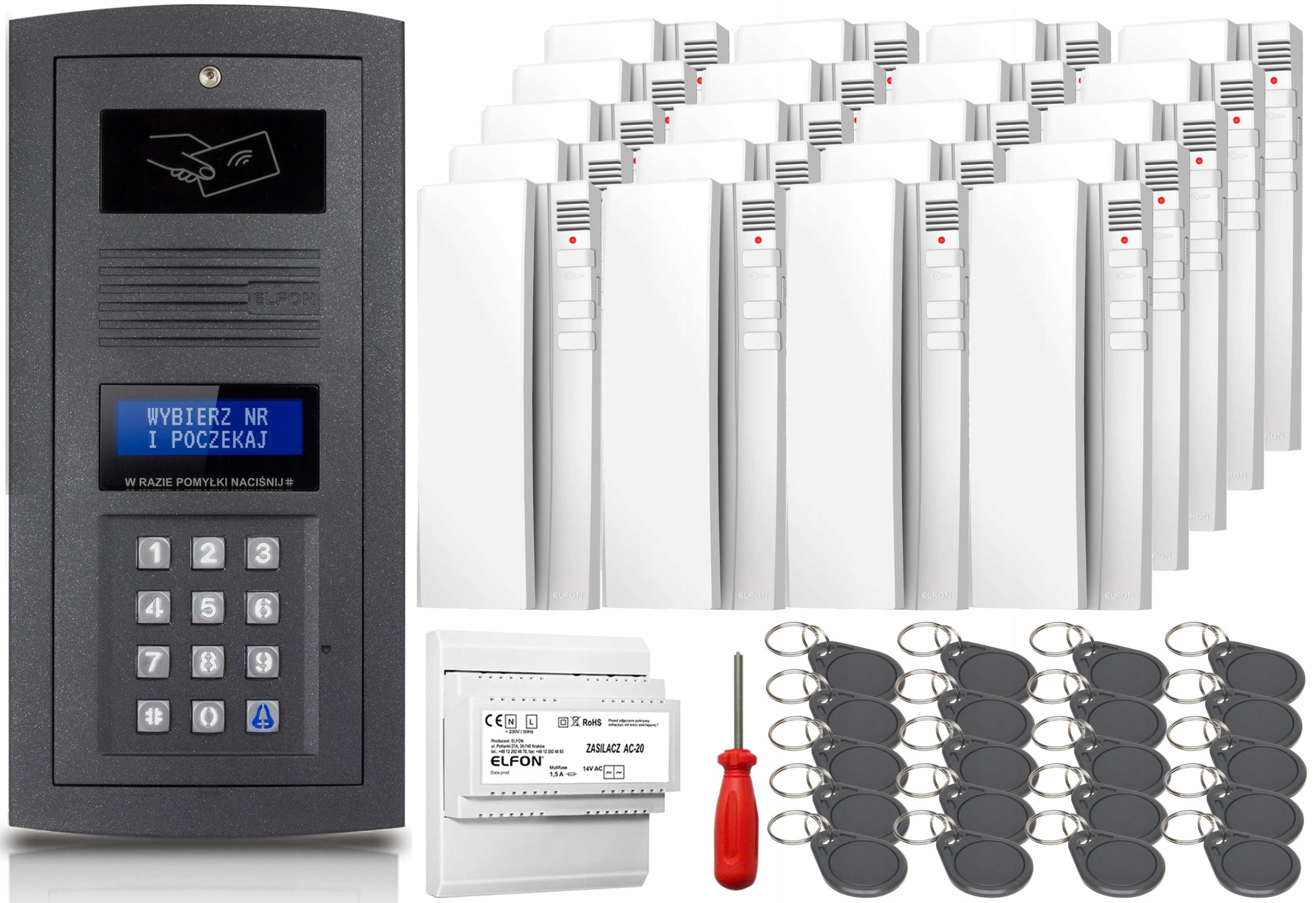 Domofónový set 20x Unifon Elfon OP-255R-G Digitálny nástenný biely prívesok na kľúče