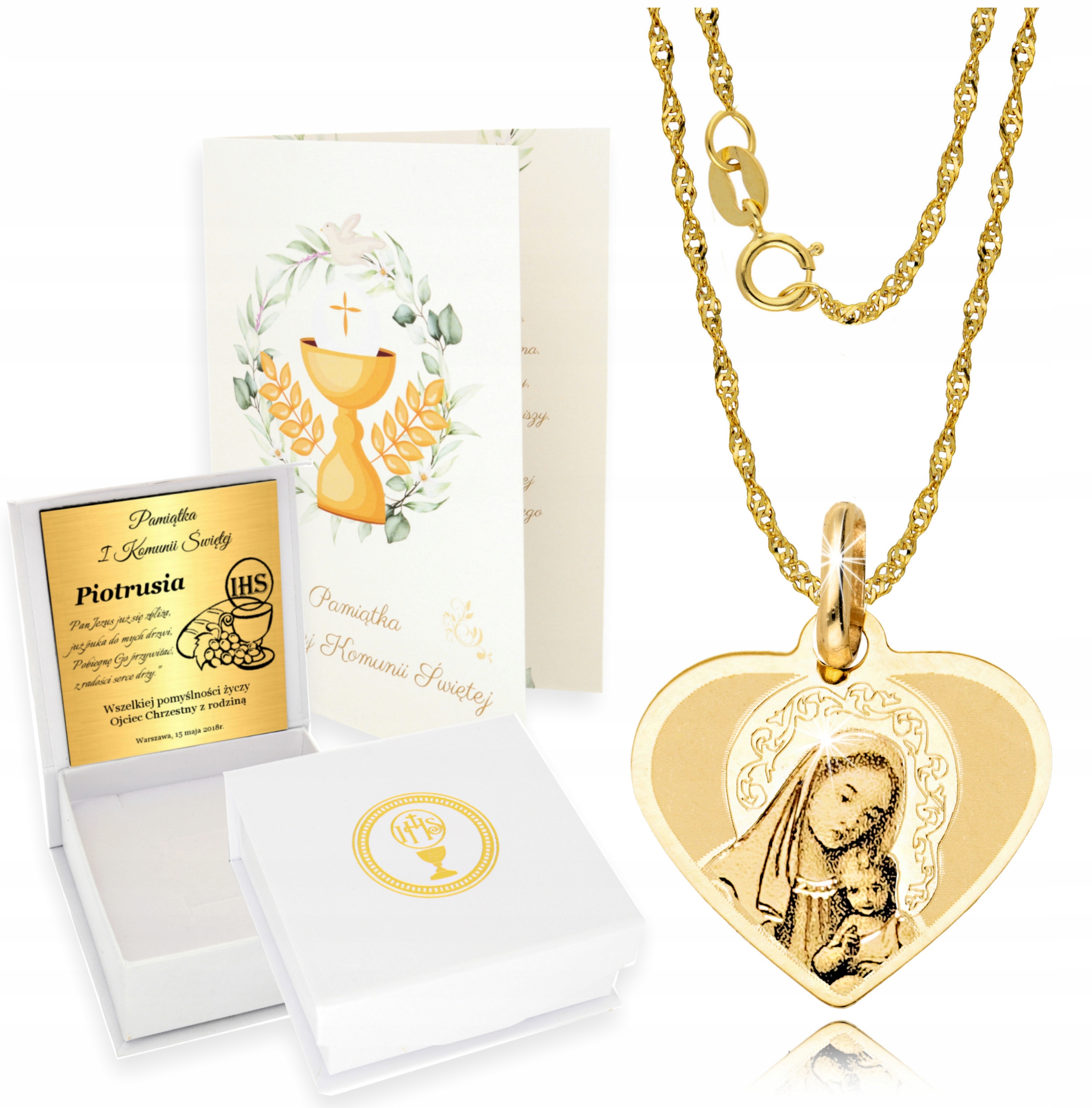 Złoty Łańcuszek z Medalikiem 585 Komunia Chrzest Grawer
